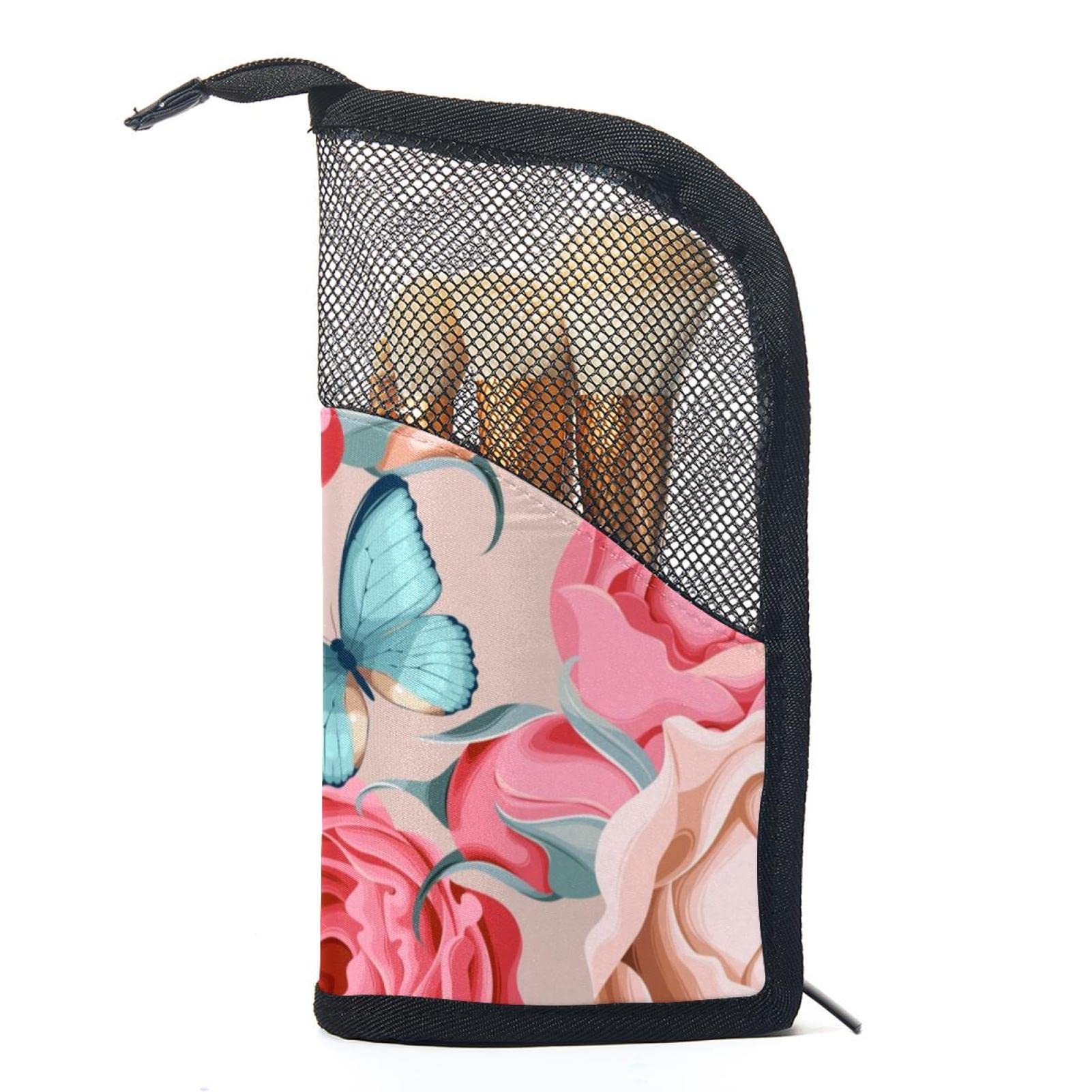 12-Piece Makeup Brush Organizer Bag with Floral Butterfly Design - Portable Cosmetic Brush Holder Case for Travel, Home & Professional Use