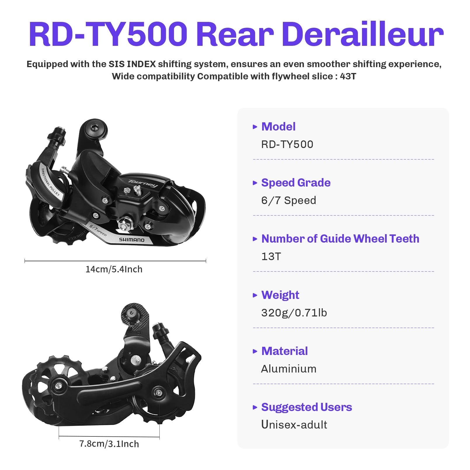 Bike Rear Derailleur RD-TY500 - 6/7 Speed Direct Mount Derailleur for Folding Bikes & Mountain Bikes | Smooth Gear Shifting for Commuting & Trail Riding