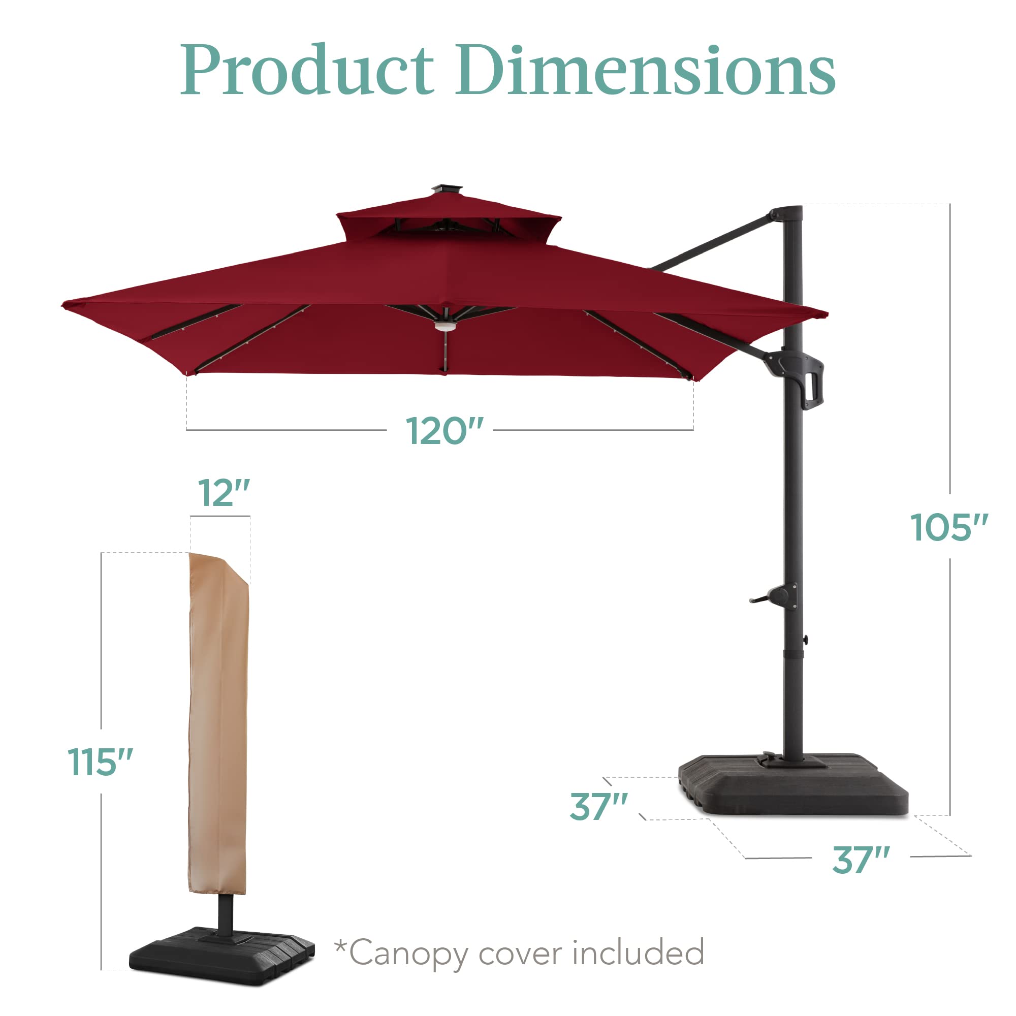 Best Choice Products 10x10ft Cantilever Patio Umbrella with Base - Solar LED Lights, 360° Rotation, Large Offset Outdoor Shade for Deck, Pool, Backyard - Burgundy | Perfect for Sun Protection, Outdoor Dining & Relaxation