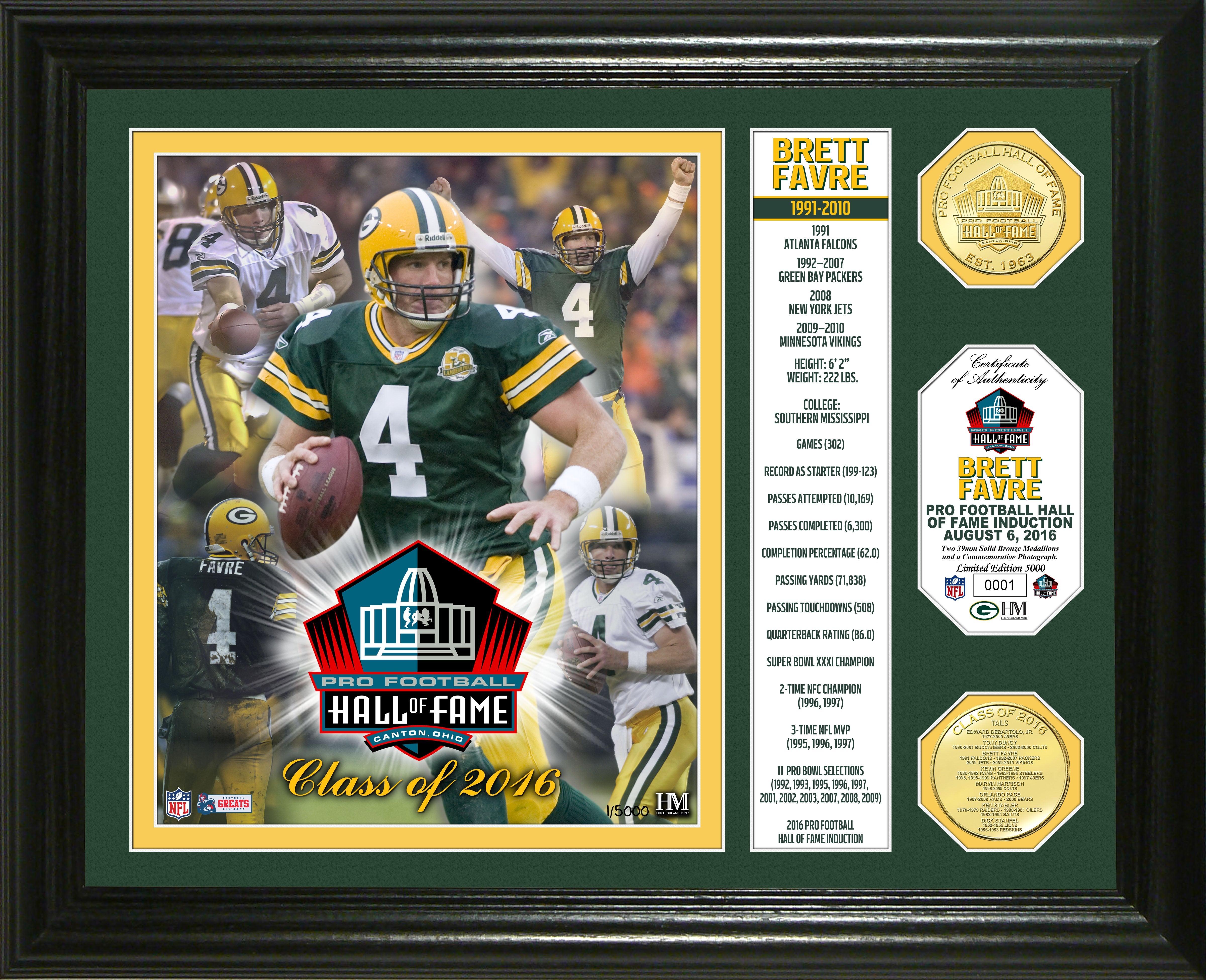 Brett Favre 2016 Pro Football Hall of Fame Induction Commemorative Bronze Coin & Photo Set - Limited Edition Collectible for NFL Fans, Sports Memorabilia Display
