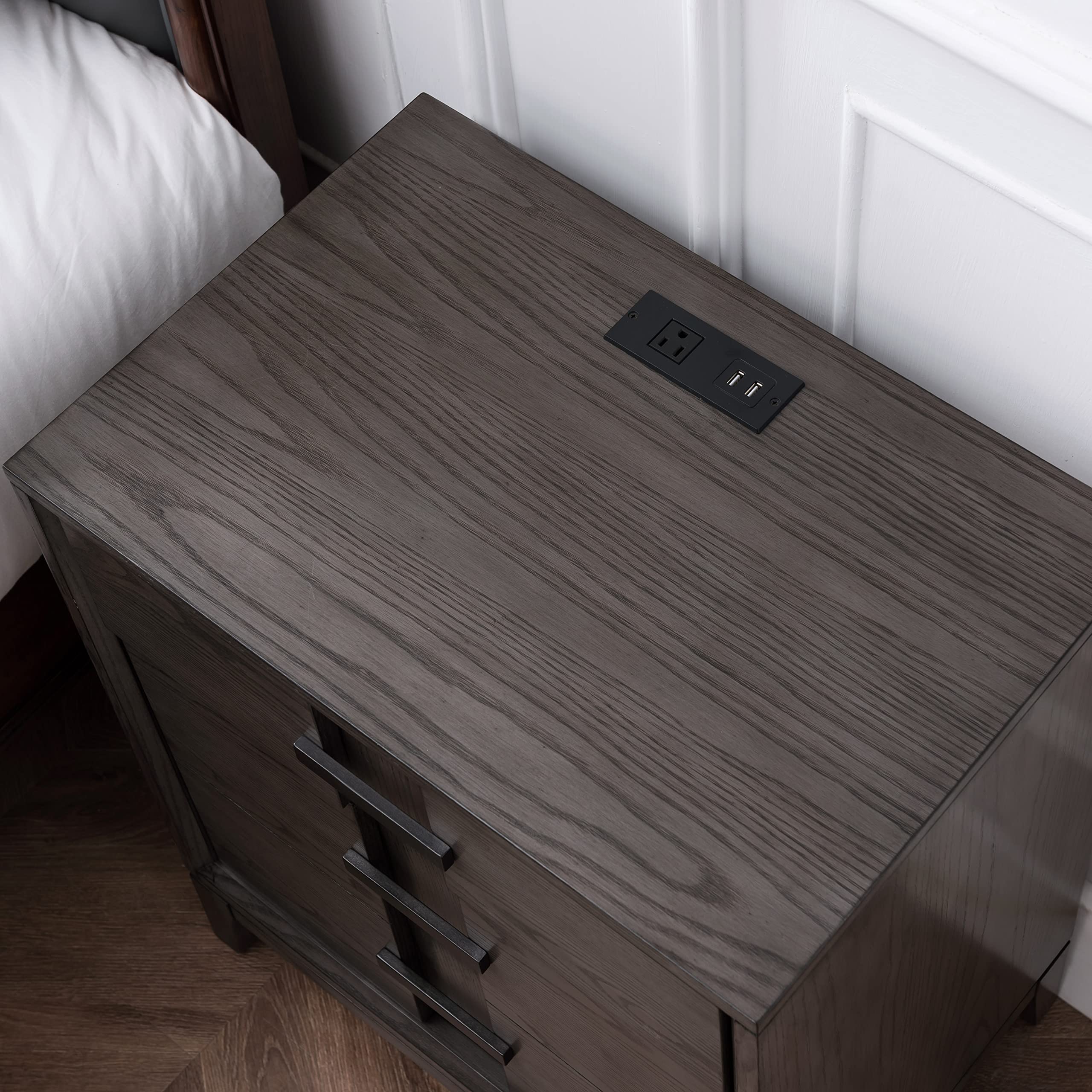 Leick Home 9075 Modern Nightstand with USB-C Fast Charging | 1-Drawer Side Table with Integrated AC/USB Ports | Durable Gray Oak Finish for Bedroom, Living Room & Office Use