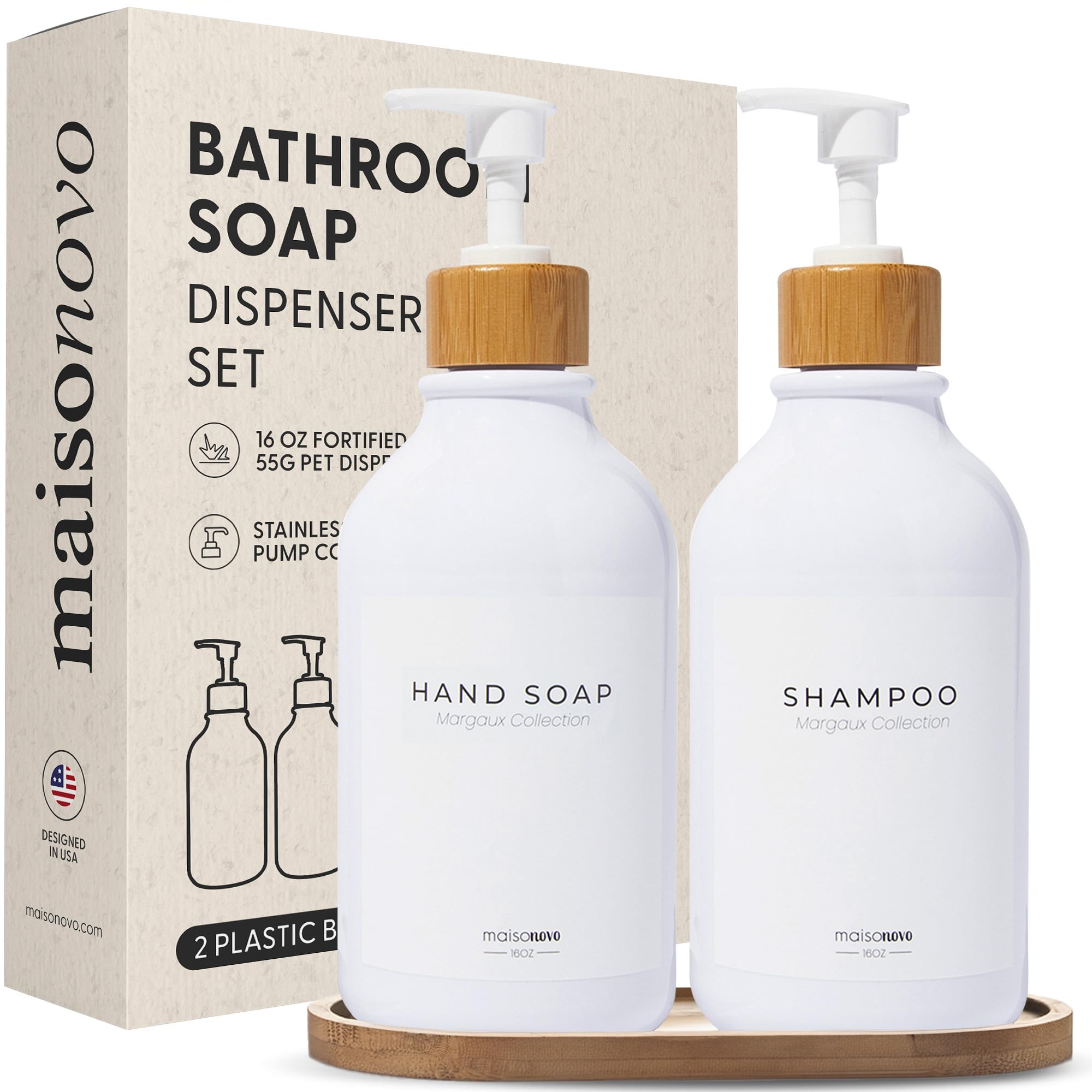 MaisoNovo 3-Piece Soap Dispenser Set - 16.9oz White Bottles with Bamboo Pumps for Kitchen, Bathroom & Vanity - Elegant Liquid Soap Dispenser for Hand Wash, Dish Soap & Lotion