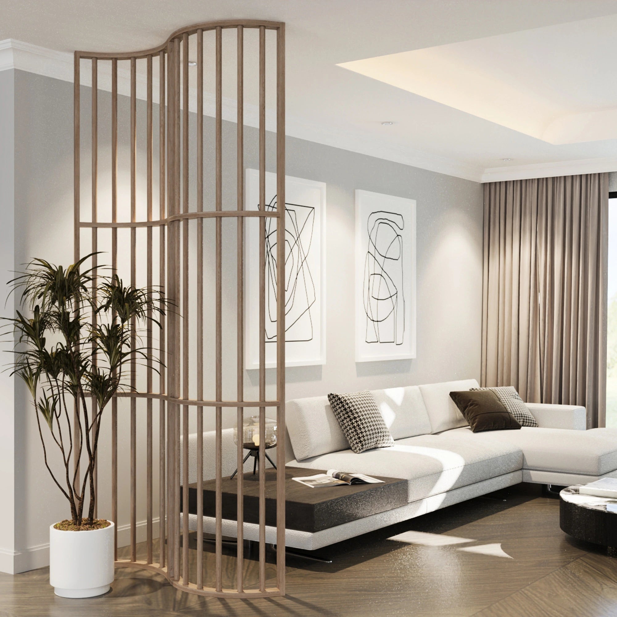 Modern Curved Slat Room Divider - Stylish Wooden Partition Screen for Home & Office Decor - Perfect for Living Rooms, Bedrooms, and Workspaces
