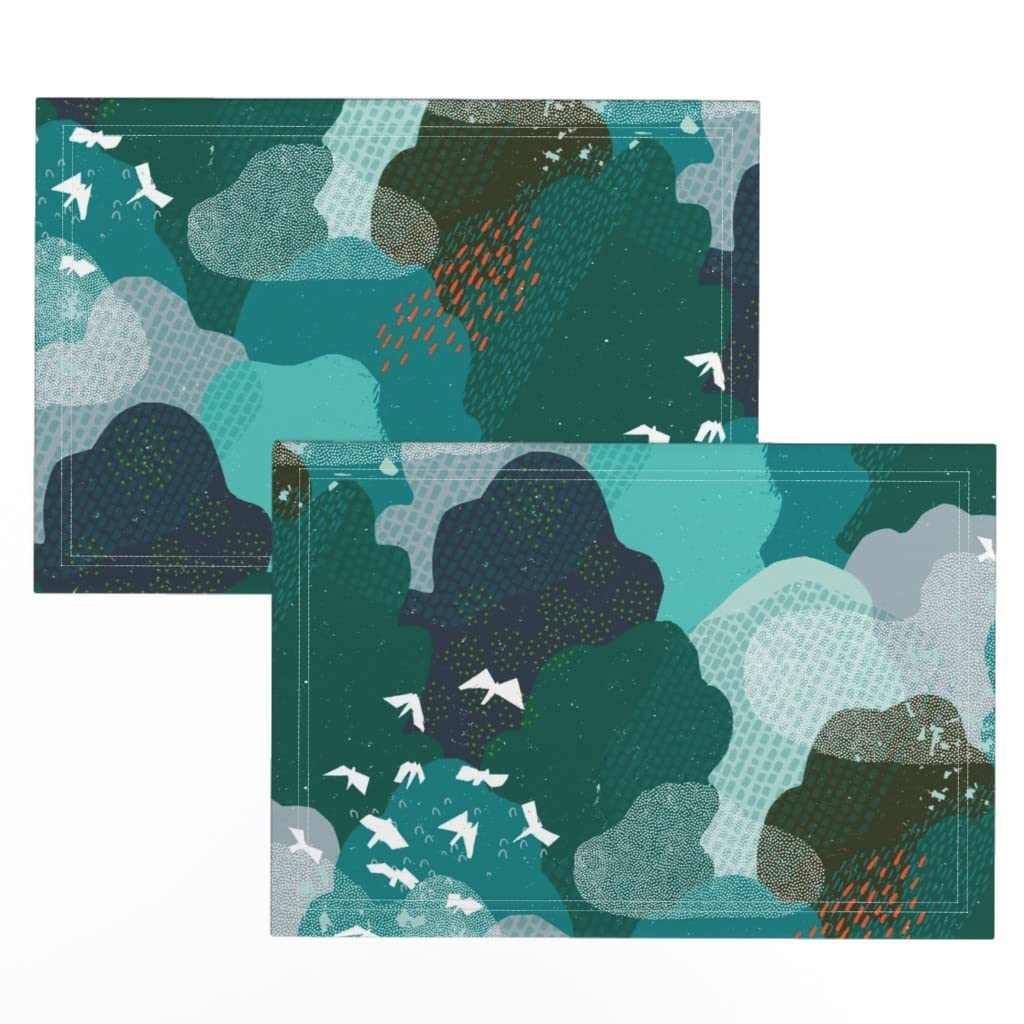 Premium Linen Cotton Canvas Placemats Set of 2 - Modern Woodland Forest Birds Blue Green Trees Clouds Print Washable Table Mats for Dining Room, Kitchen Decor & Holiday Dinner Parties