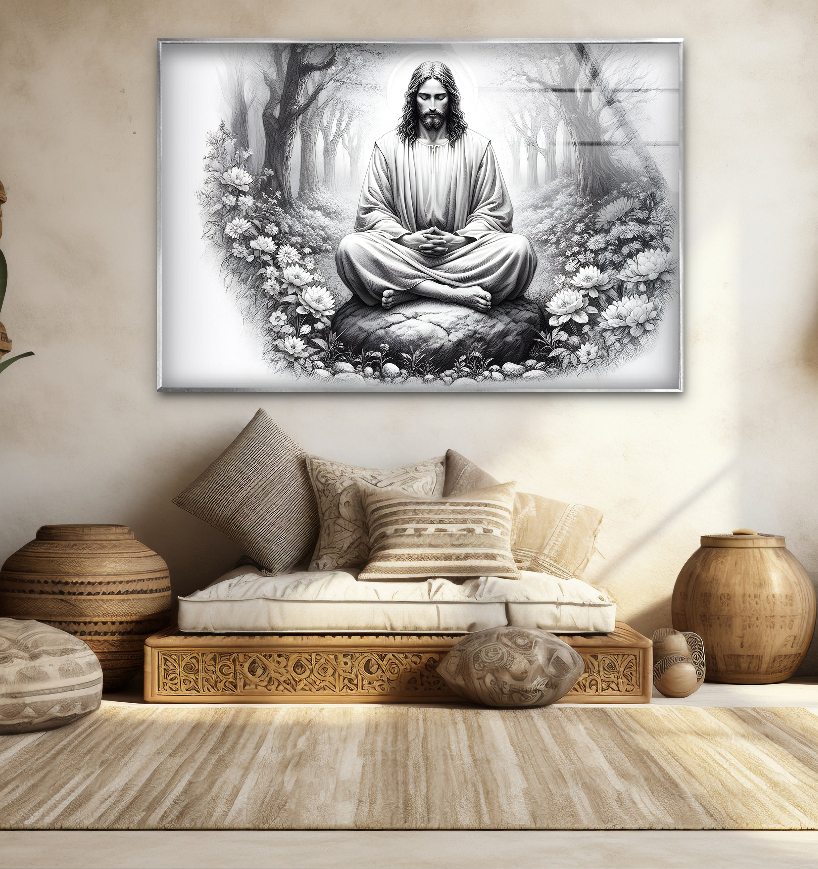 Black and White Jesus Glass Wall Art - Religious Home Decor for Living Room, Bedroom & Church