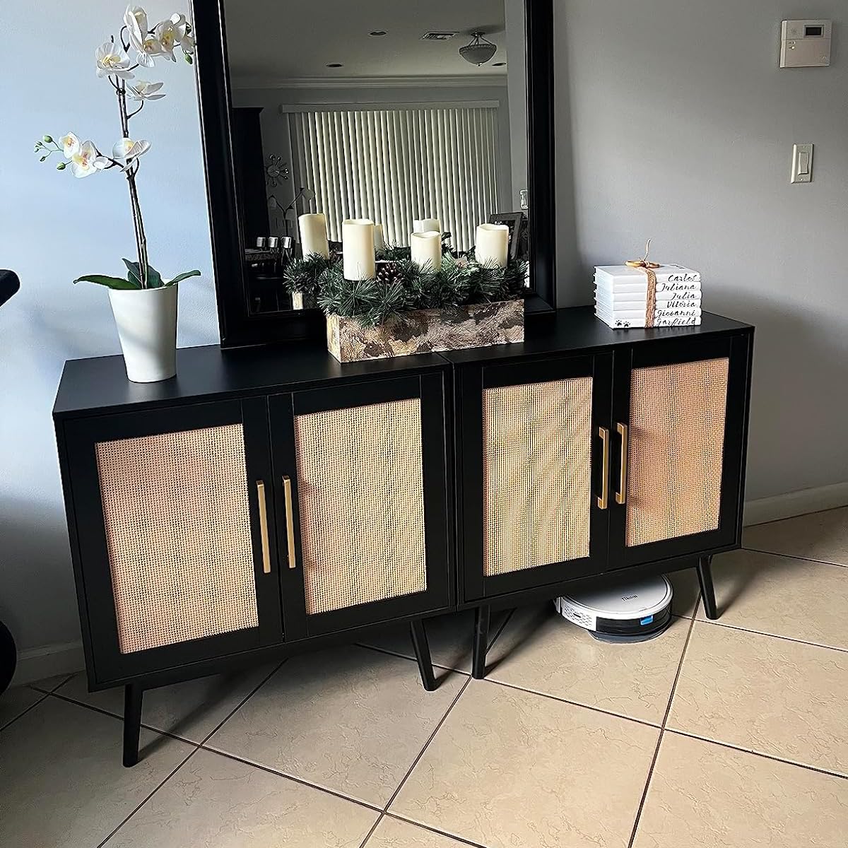LYNSOM 3-Piece Wooden Sideboard Buffet Cabinet with Rattan Doors - Long Storage Cupboard Console Table for Hallway, Entryway & Living Room - Black Modern Farmhouse Decor for Dining Room & Home Organization