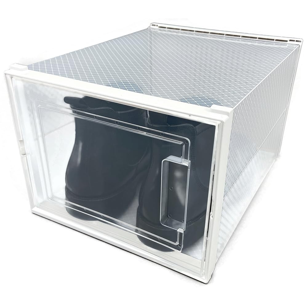 Stackable Clear Shoe Storage Box - Large Interlocking Plastic Shoe Organizer with Lid (White/Transparent) | Perfect for Closet Organization & Sneaker Collection Display