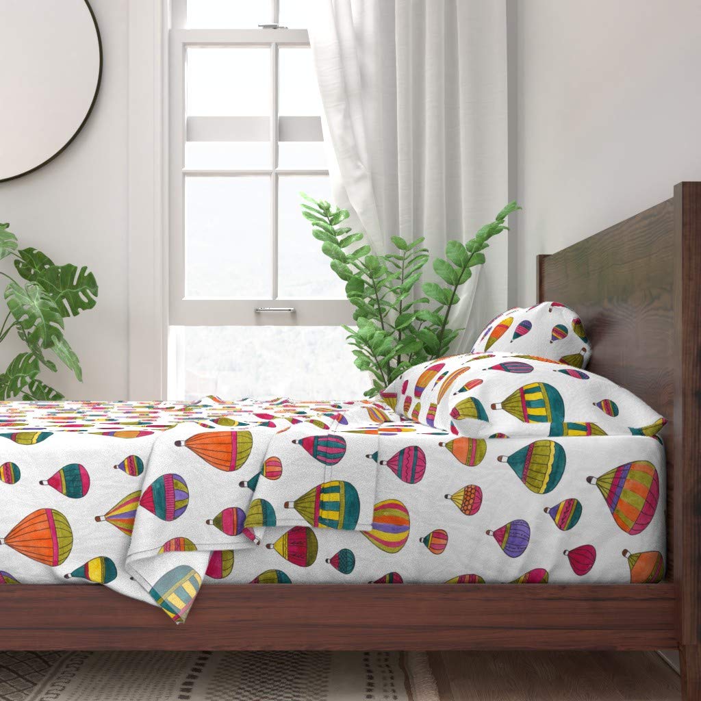 100% Cotton Twin Sheet Set 3pc - Hot Air Balloons Watercolor Print | Colorful Summer Nursery Bedding | Soft Breathable Sheets for Kids Room & Guest Bed