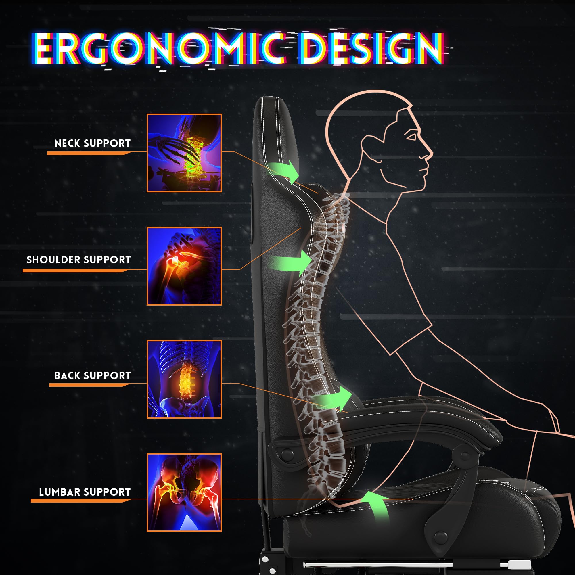 Premium Ergonomic Gaming Chair with Adjustable Footrest & 155° Recline - High Back Office Chair with Headrest & Lumbar Support for Adults & Kids (All Black) - Perfect for PC Gaming, Home Office & Streaming Setup