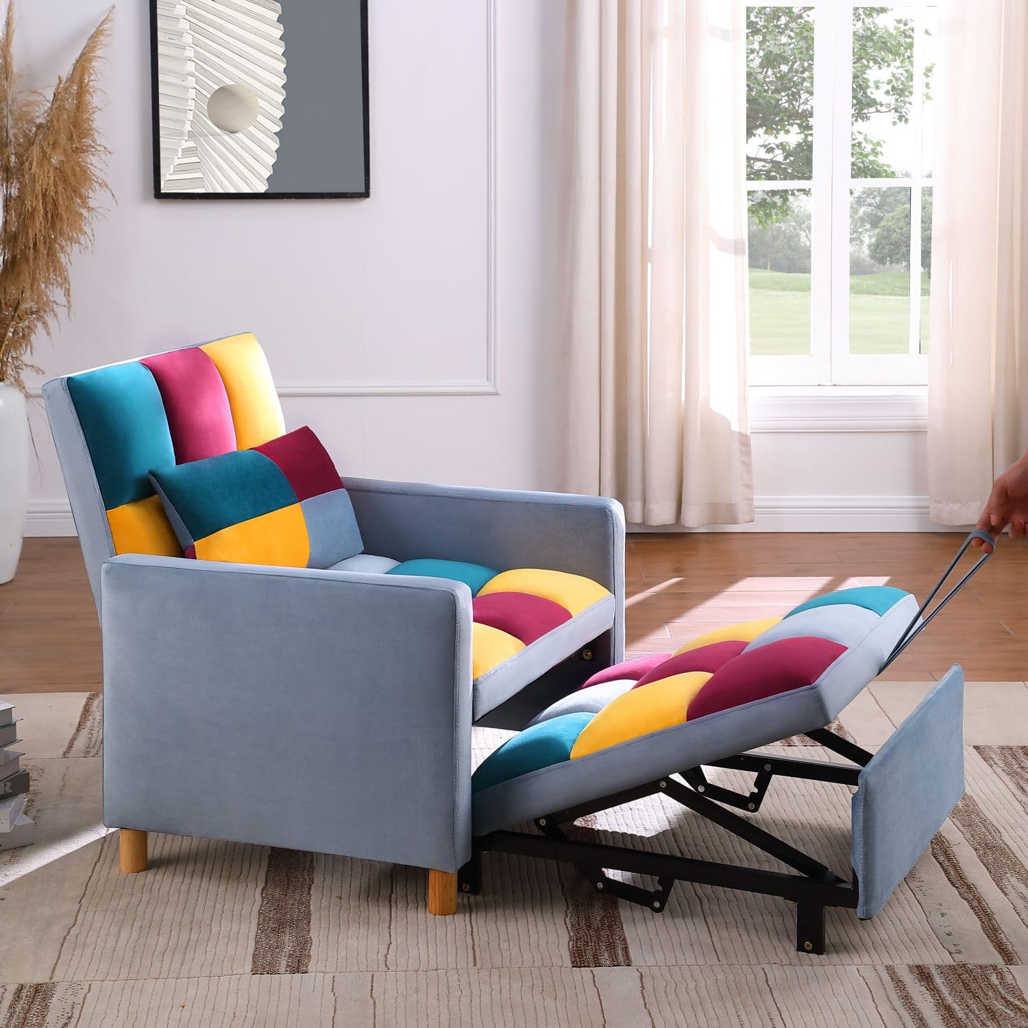 3-in-1 Convertible Folding Futon Chair Bed with Adjustable Backrest - Velvet Upholstered Sleeper Sofa for Living Room, Bedroom & Small Spaces | Modern Pull-Out Couch Chair | Rainbow Color | Perfect for Guest Sleeping, Lounging & Space Saving