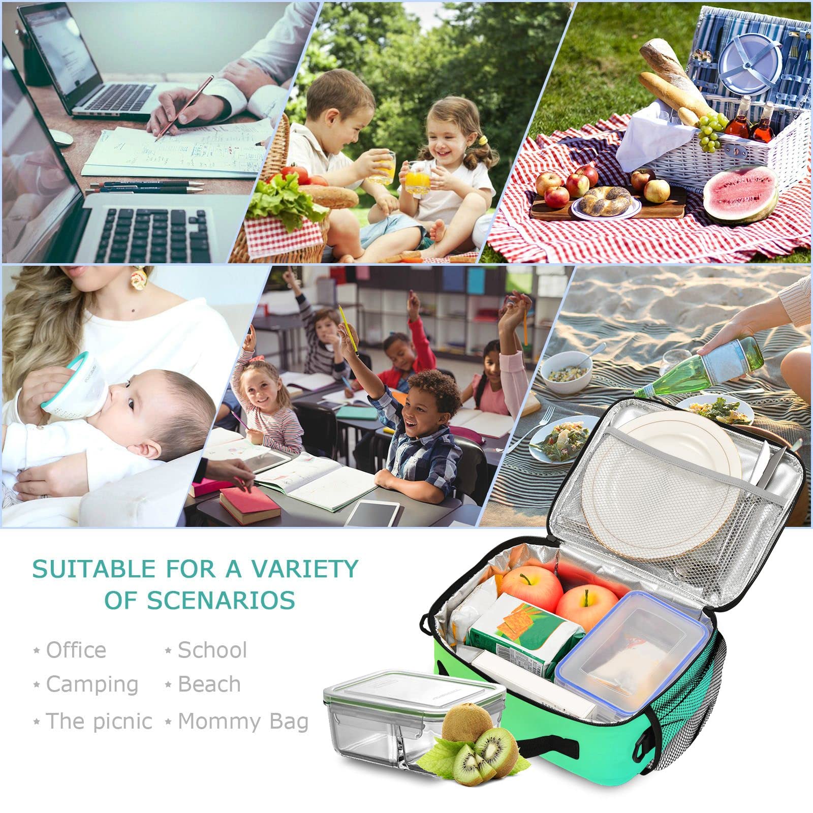**Insulated Reusable Lunch Bag for Kids & Adults - Yellow Turquoise Lunch Box for School, Work, Picnics & Travel - BPA-Free & Leak-Proof**