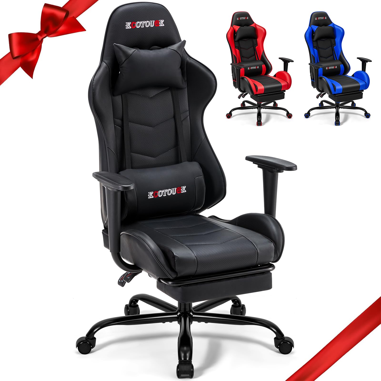 ECOTOUGE Ergonomic Gaming Chair with Footrest - PU Leather PC Massage Office Desk Chair, Recliner Swivel Rocker with Adjustable Headrest & Lumbar Support - Black - Perfect for Gaming, Working & Relaxing at Home