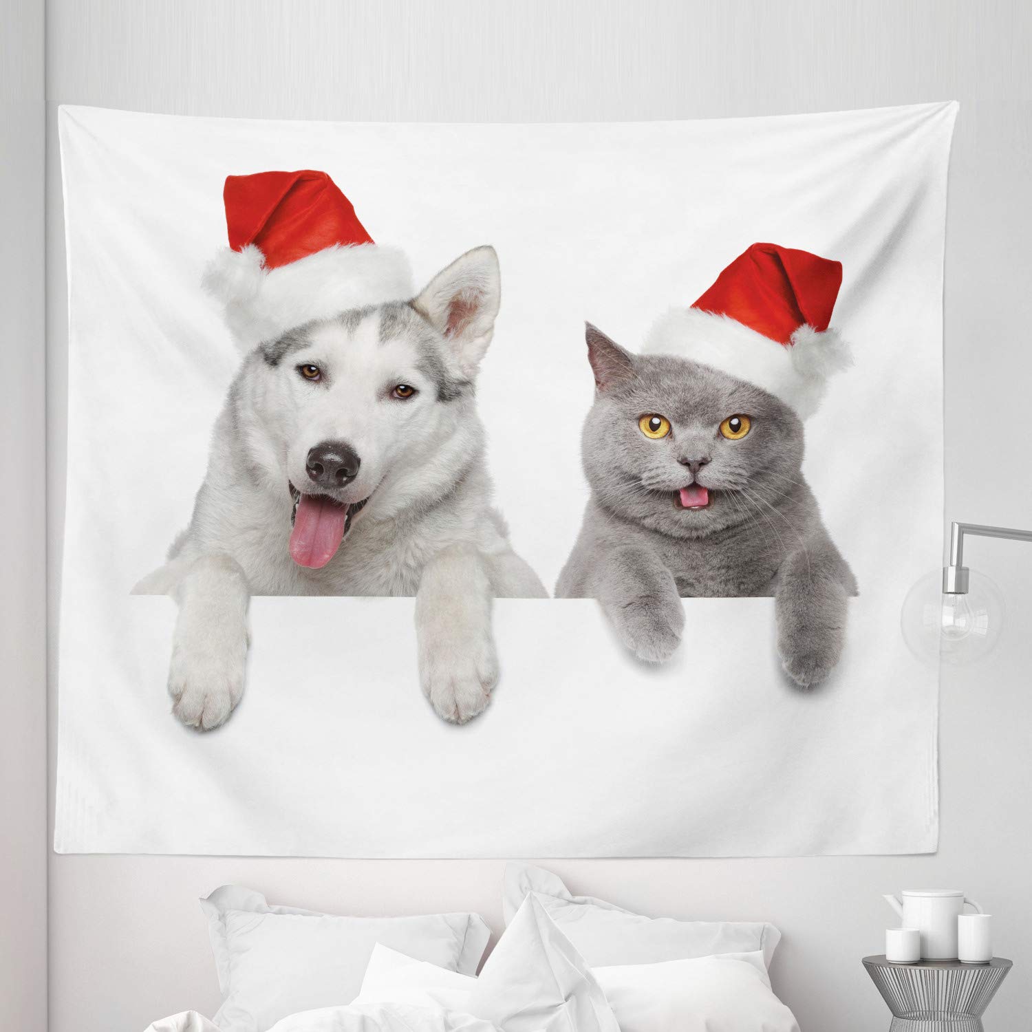 Ambesonne Christmas Tapestry - Funny Pet Santa Hats Wall Decor for Bedroom