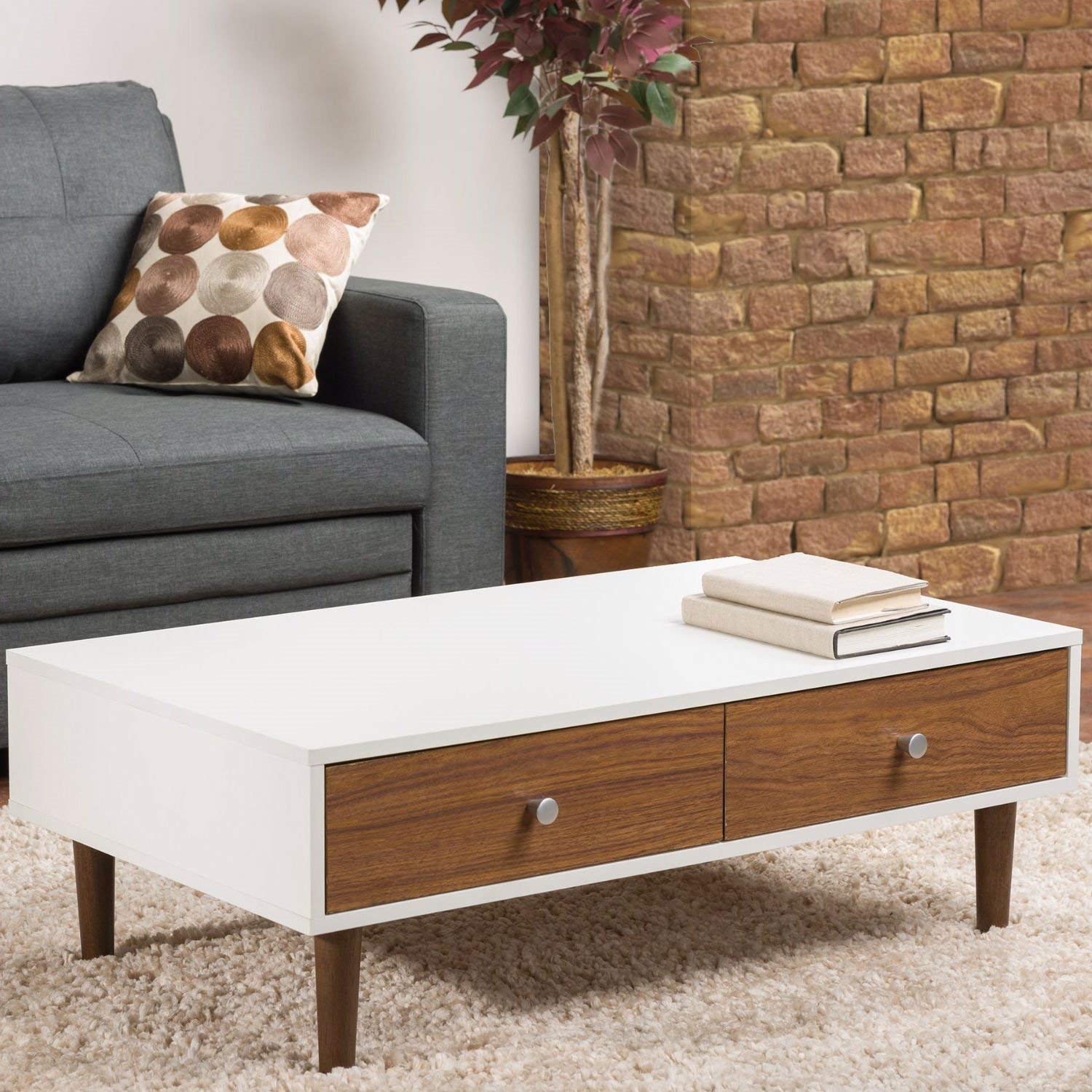 Modern Mid-Century Style White Wood Coffee Table with 2 Drawers - Perfect for Living Room, Office & Small Spaces - Sturdy & Stylish Home Decor