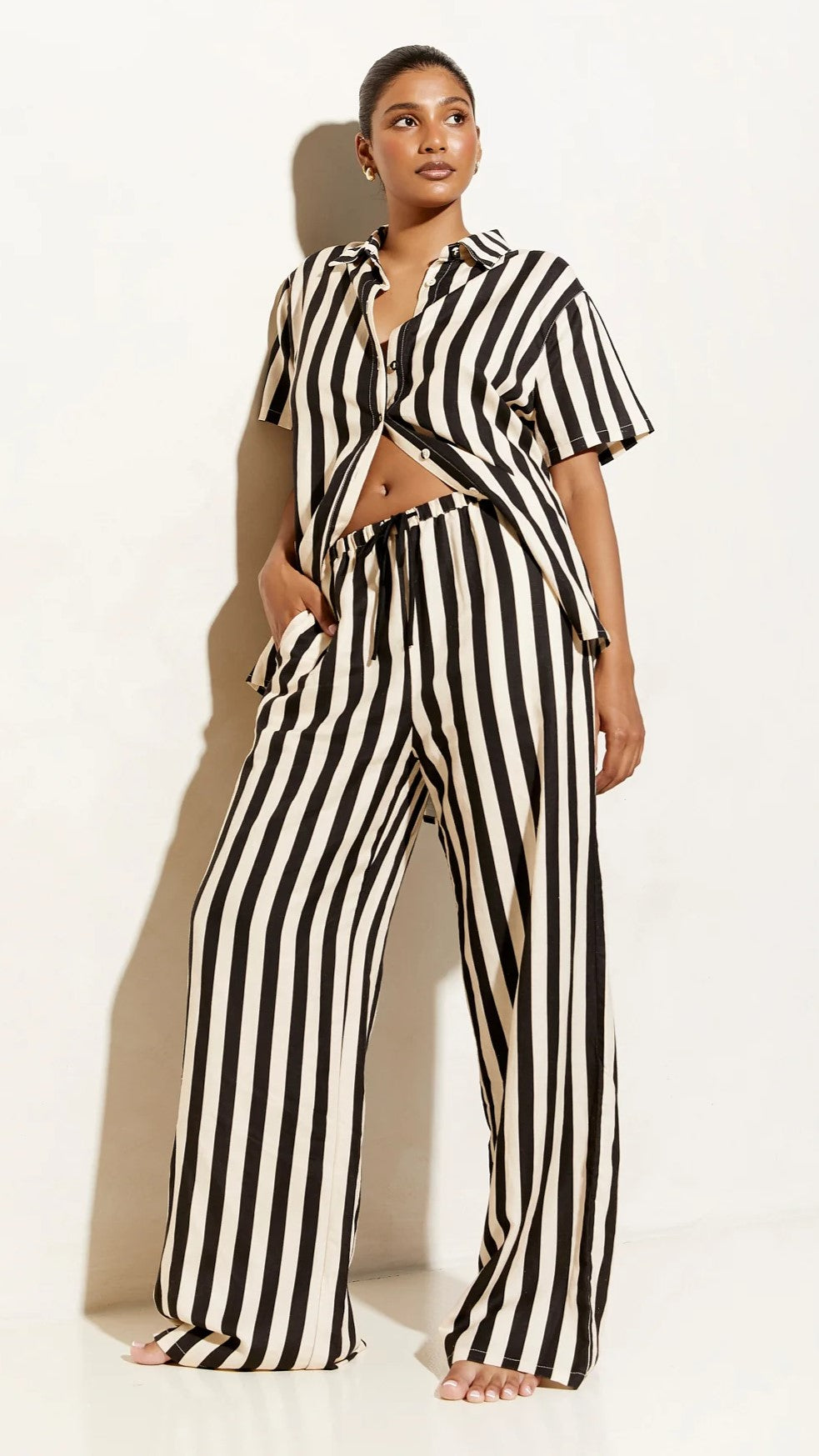 Josie Pants for Women - Black & Beige Striped High-Waisted Trousers | Comfortable Office Wear & Casual Outfits