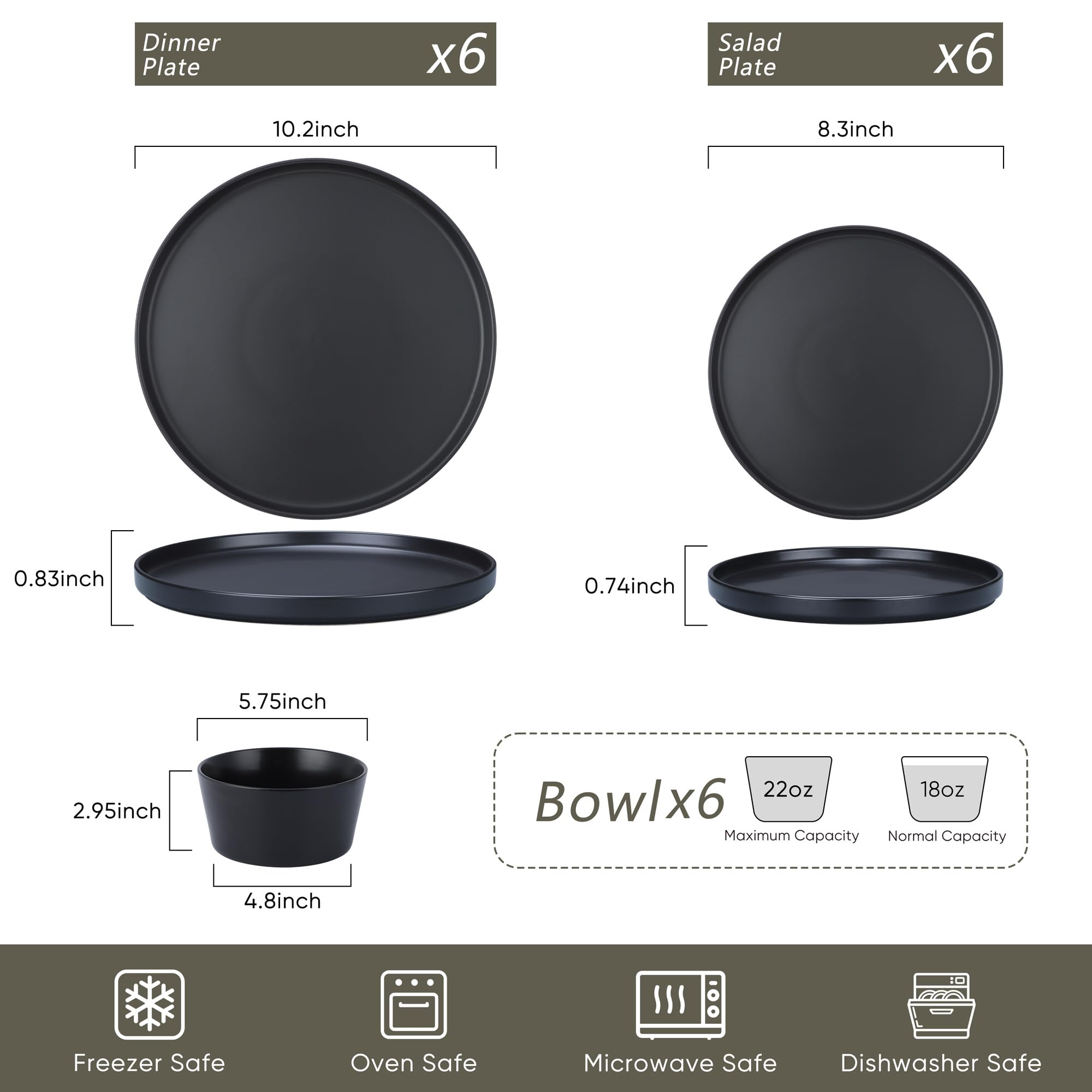 Herogo 18-Piece Stoneware Dinnerware Set for 6, Includes Dinner Plates & Bowls, Reactive Glaze Kitchen Dishes - Chip Resistant, Microwave & Dishwasher Safe, Matte Black - Perfect for Family Dinners, Restaurants, and Entertaining Guests