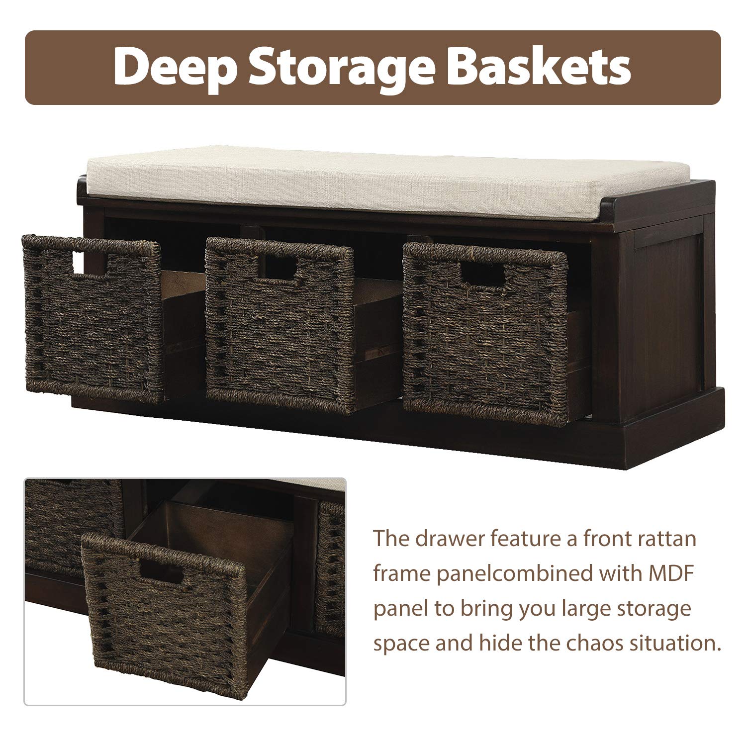 Harper & Bright Designs Rustic Entryway Storage Bench with 3 Removable Baskets & Cushion - Shoe Organizer Bench for Living Room, Hallway, Bedroom - Perfect for Small Space Organization & Home Decor