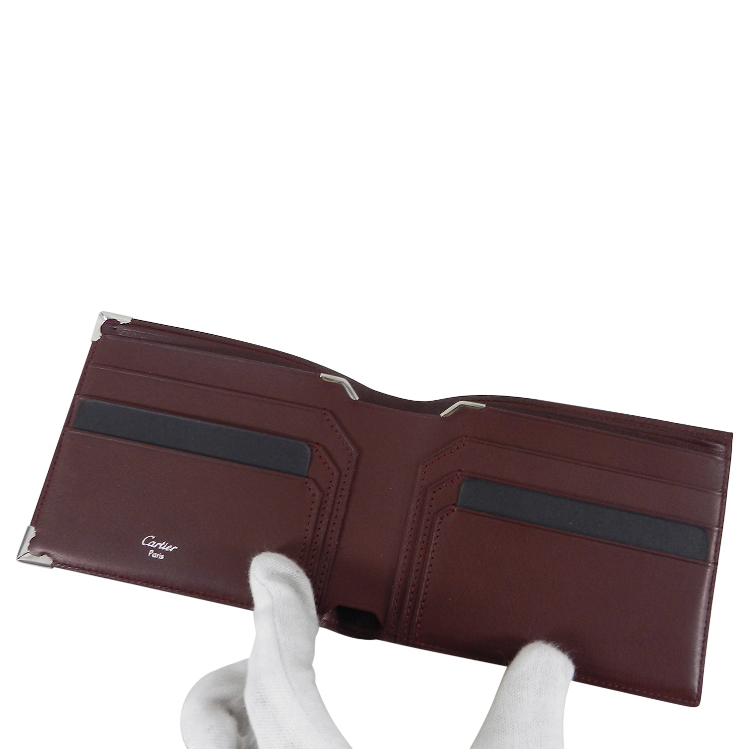Cartier Burgundy Genuine Leather Bifold Wallet with Silver Corner Caps - Stylish & Durable Men's Wallet for Everyday Use & Gifts