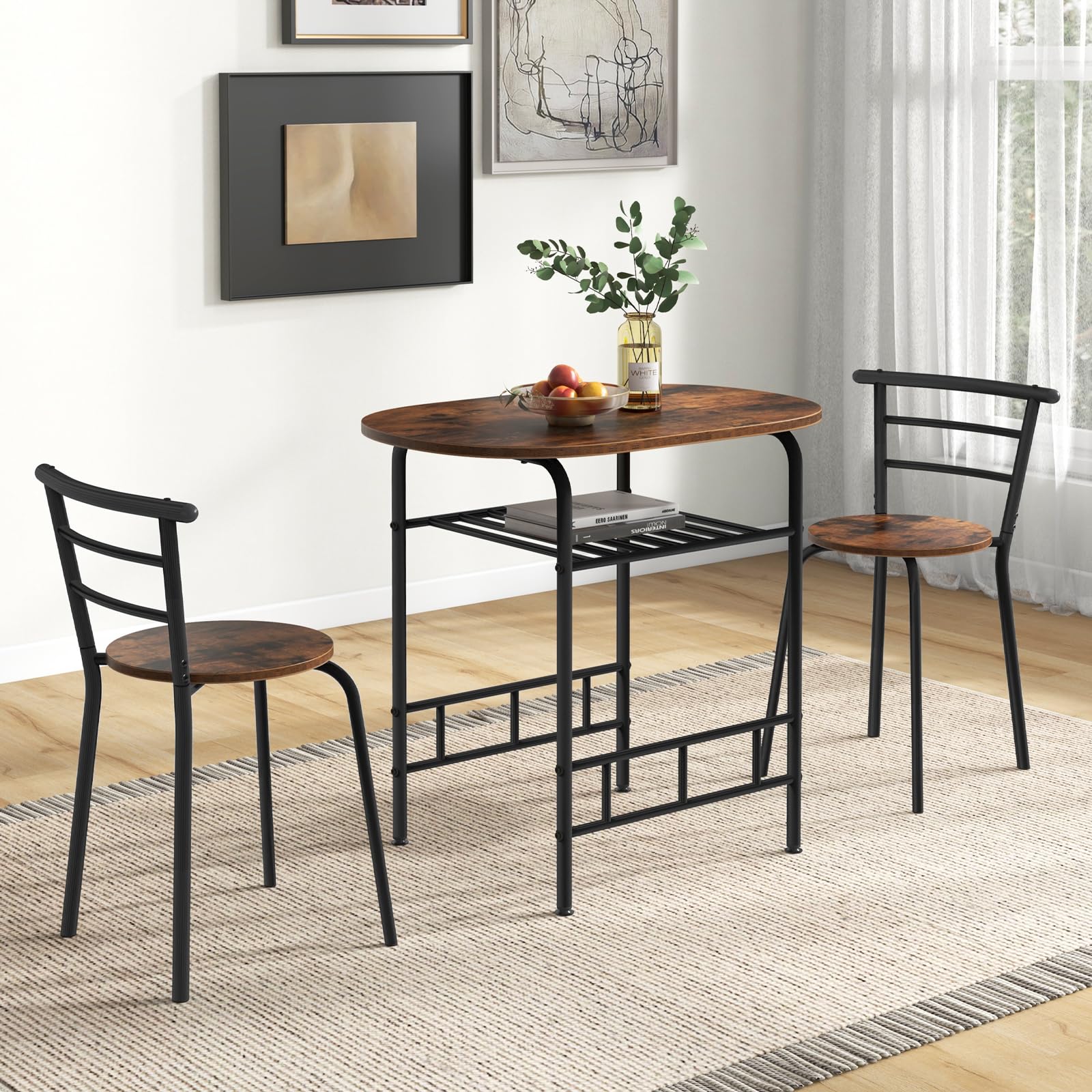Giantex 3-Piece Space Saving Dining Set - Compact Bistro Table with 2 Chairs, Metal Frame & Storage Shelf - Perfect for Small Apartments, Kitchen, Breakfast Nook & Pub Style Decor (Black & Brown) - Ideal for Studio Living, Balcony Dining & Urban Homes