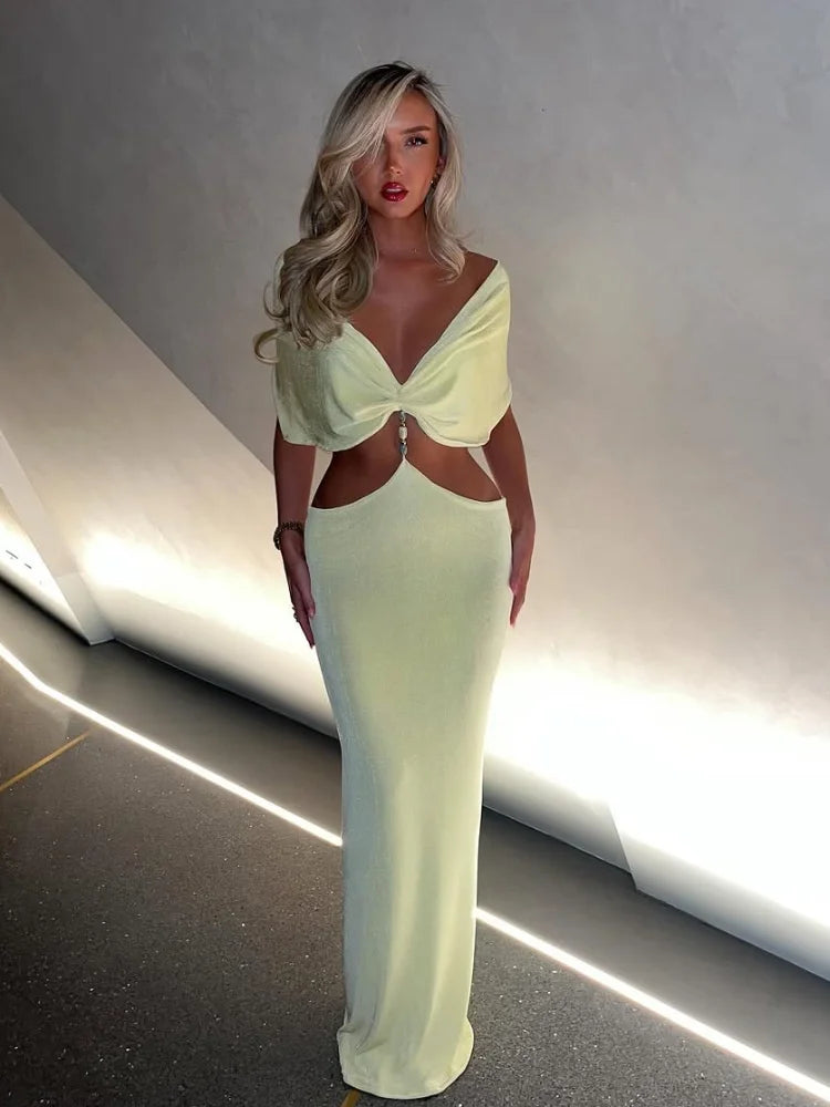 Elegant V-Neck Pleated Yellow Maxi Dress for Women - Slim Fit High Waist Summer Beach Dress | Perfect for Vacation, Holiday Parties & Casual Outings