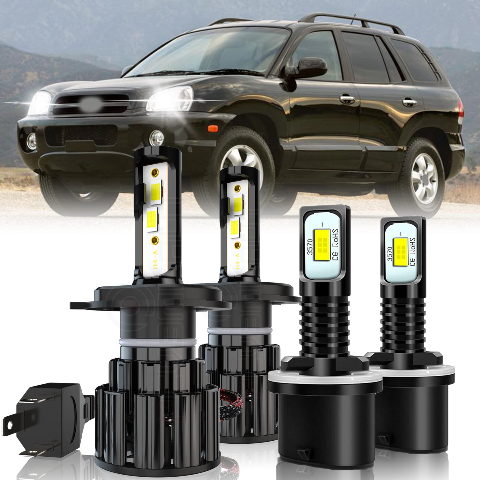 2002-2006 Hyundai Santa Fe LED Headlight Bulbs Kit - H4 9003 HB2 High/Low Beam 880 Fog Lights - 60W 10000LM 6000K Super Bright CSP LED Bulbs - Plug & Play (Pack of 4) - Perfect for Night Driving & Off-Road Adventures