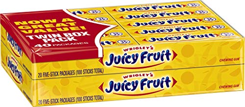 Juicy Fruit Original Bubble Chewing Gum - 5 Sticks per Pack (40 Packs) - Set of 4 - Perfect for Parties, Travel & On-the-Go Snacking