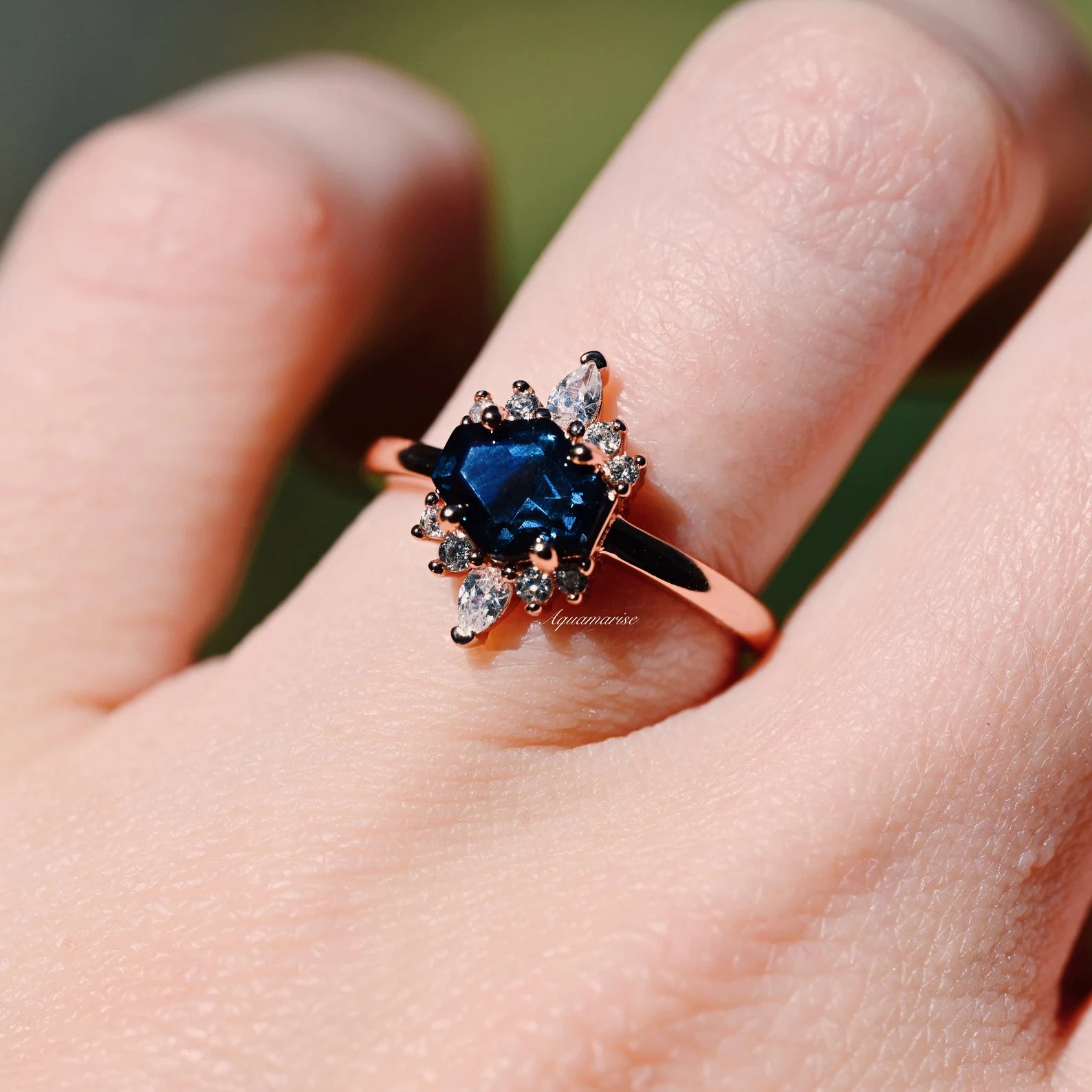 Hexagon London Blue Topaz Ring - 14K Rose Gold Vermeil Engagement Ring for Women, Elegant Wedding & Anniversary Jewelry Gift
