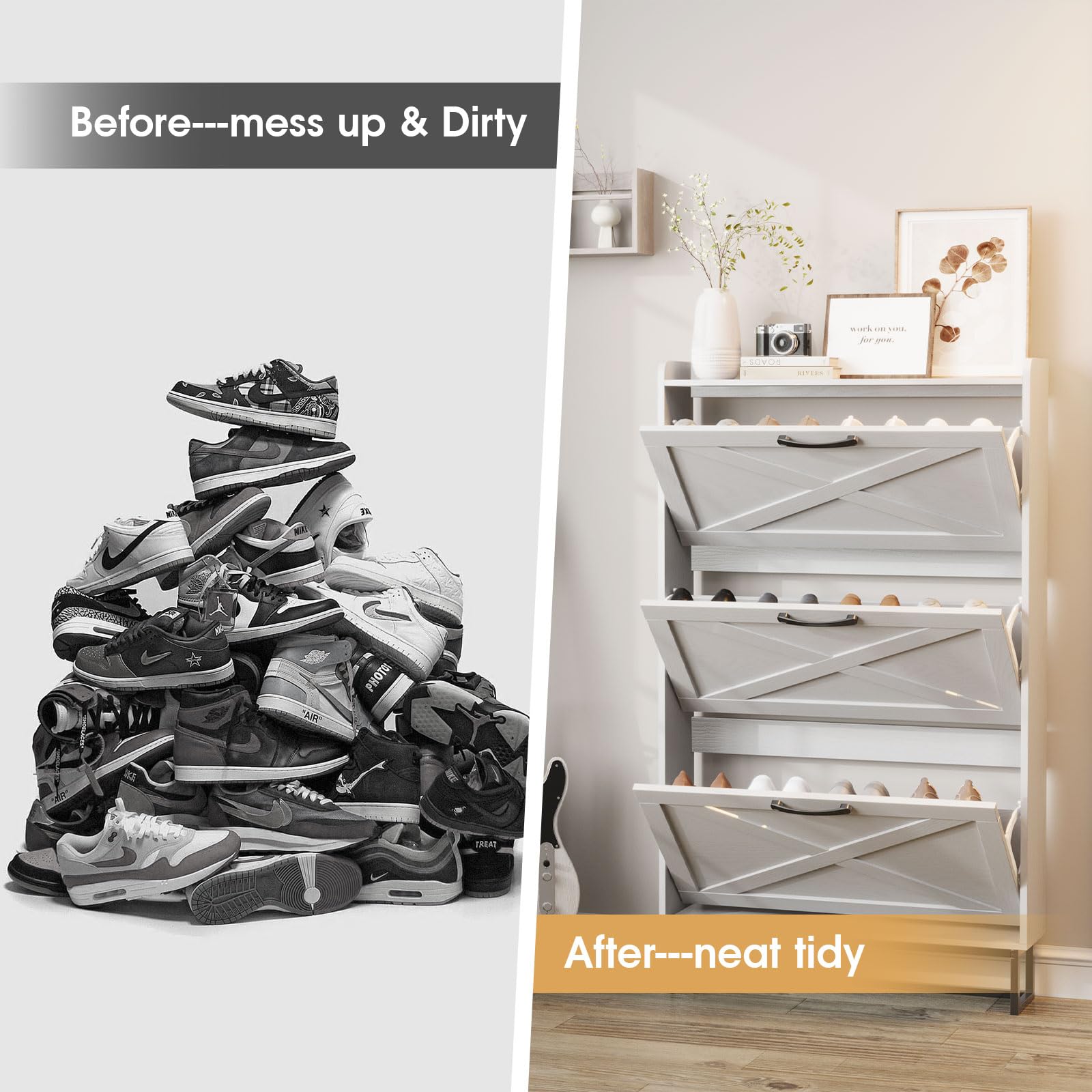 Maupvit Narrow Shoe Cabinet with 3 Flip Drawers - Slim Entryway Shoe Storage Organizer with Metal Legs, Farmhouse Style Free Standing Shoe Rack for Hallway, Living Room & Bedroom Organization