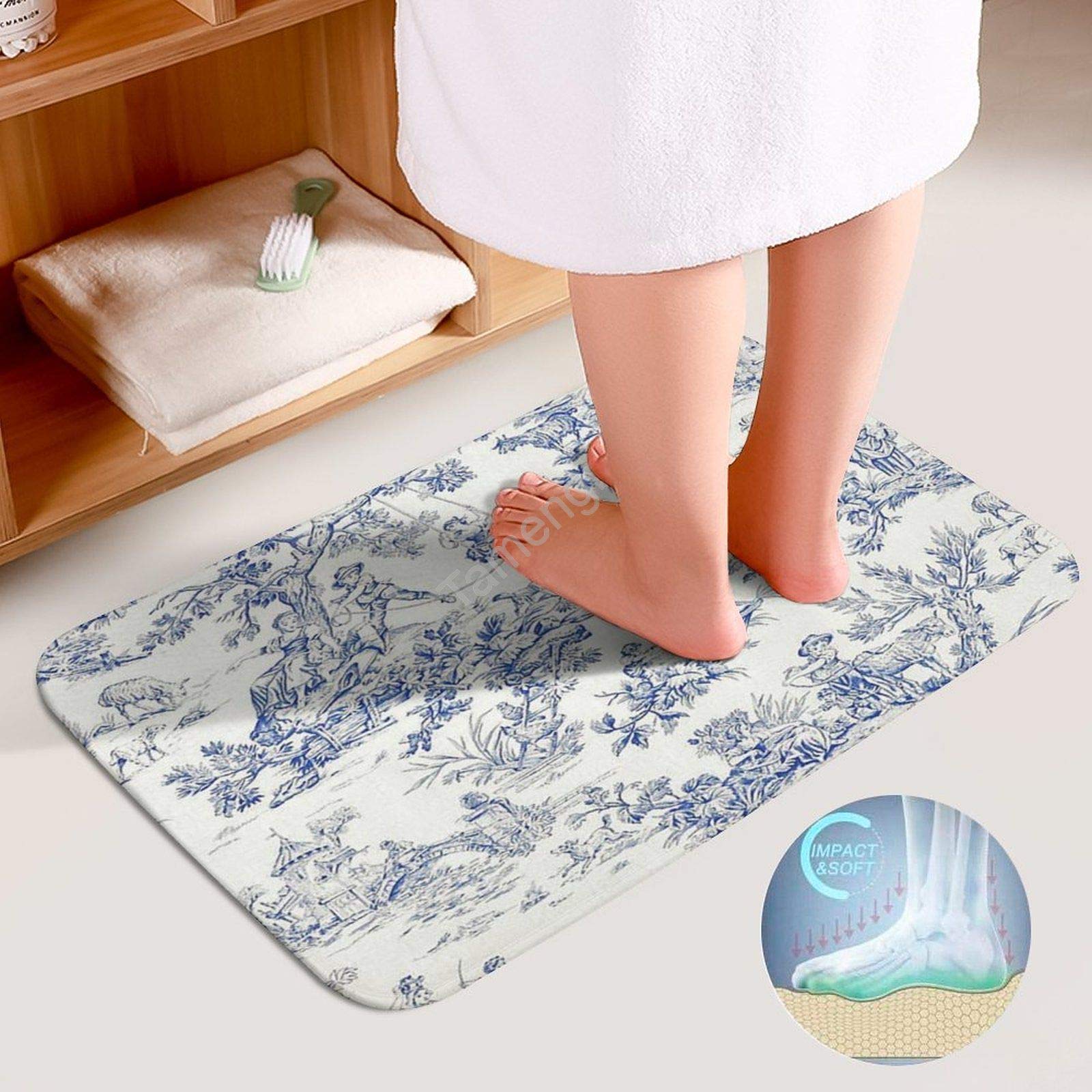Tamengi Non-Slip Bath Mats Set of 3 - Soft French Toile Design Bathroom Rugs, 20x32 Inches, Blue - Includes Toilet Lid Cover & Floor Mat - Perfect for Bathroom, Shower & Vanity Areas