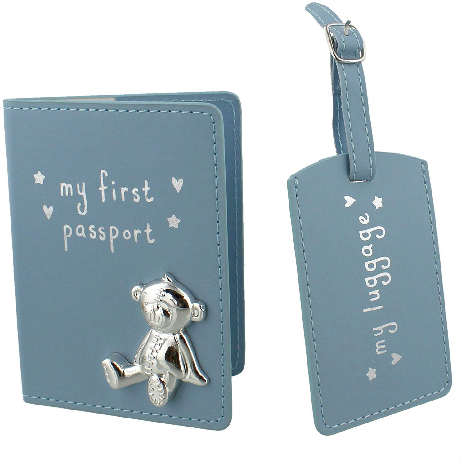 My First Passport & Luggage Tag Set with Metal Teddy Icon - Blue Travel Accessories for Kids | Perfect for Airports, Family Trips & School Backpacks