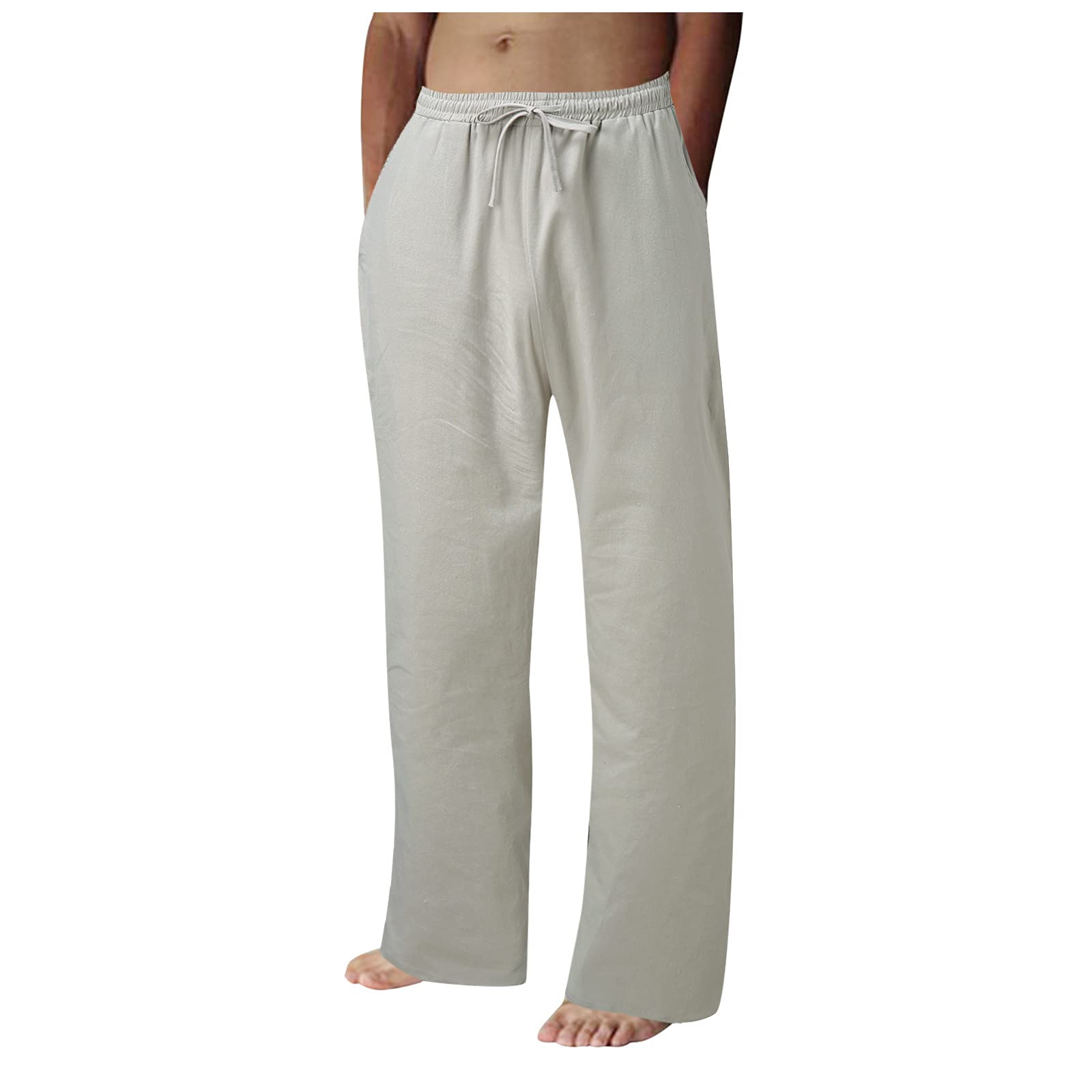 Breathable Cotton Men's Casual Pants - Summer Solid Color Lace-Up Trousers with Pockets | Perfect for Outdoor Activities, Travel & Office Wear