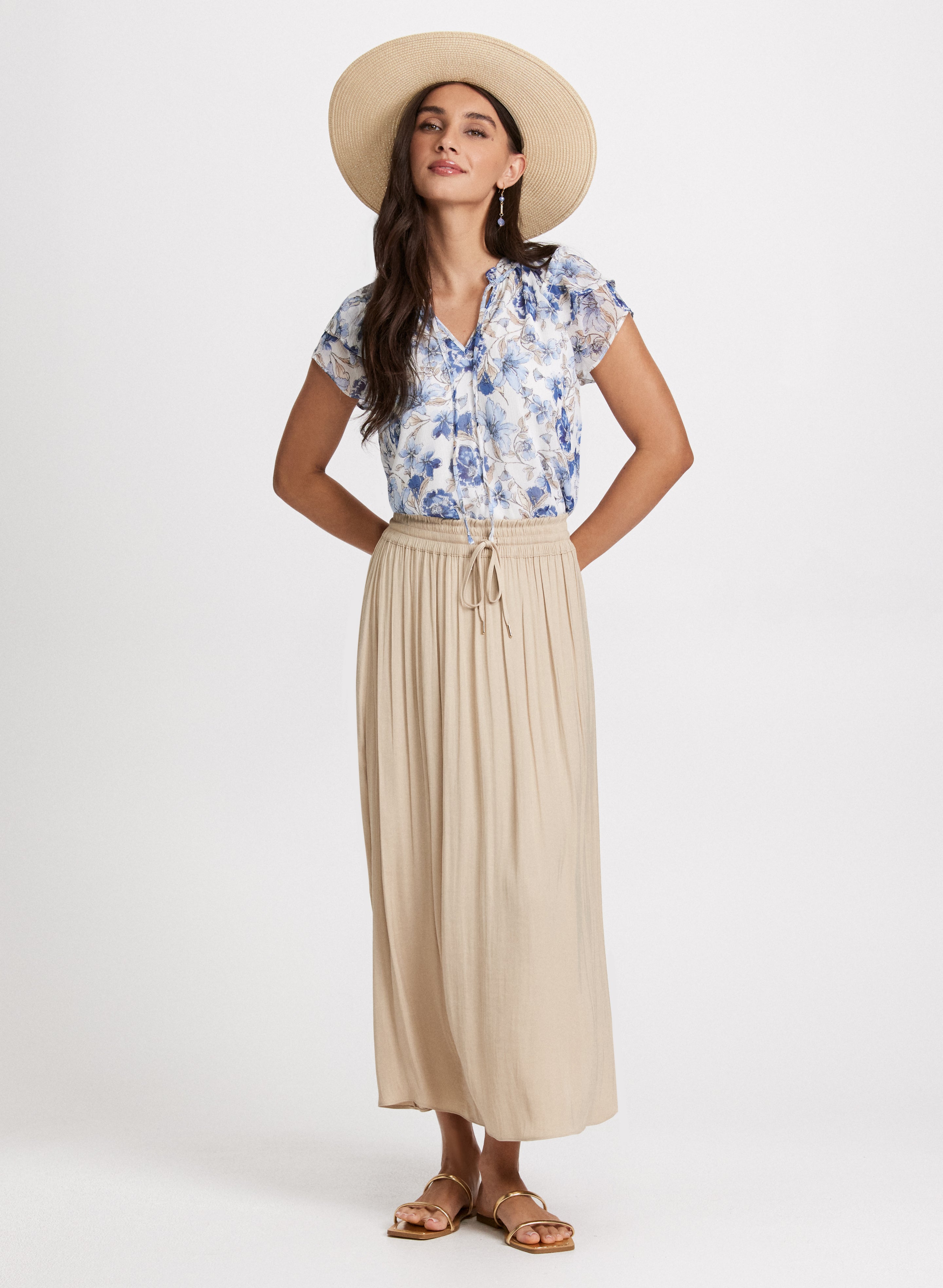 Floral Print Flutter Sleeve Blouse & Satin Drawstring Waist Skirt Set - Women's Elegant Summer Outfit for Garden Party & Date Night