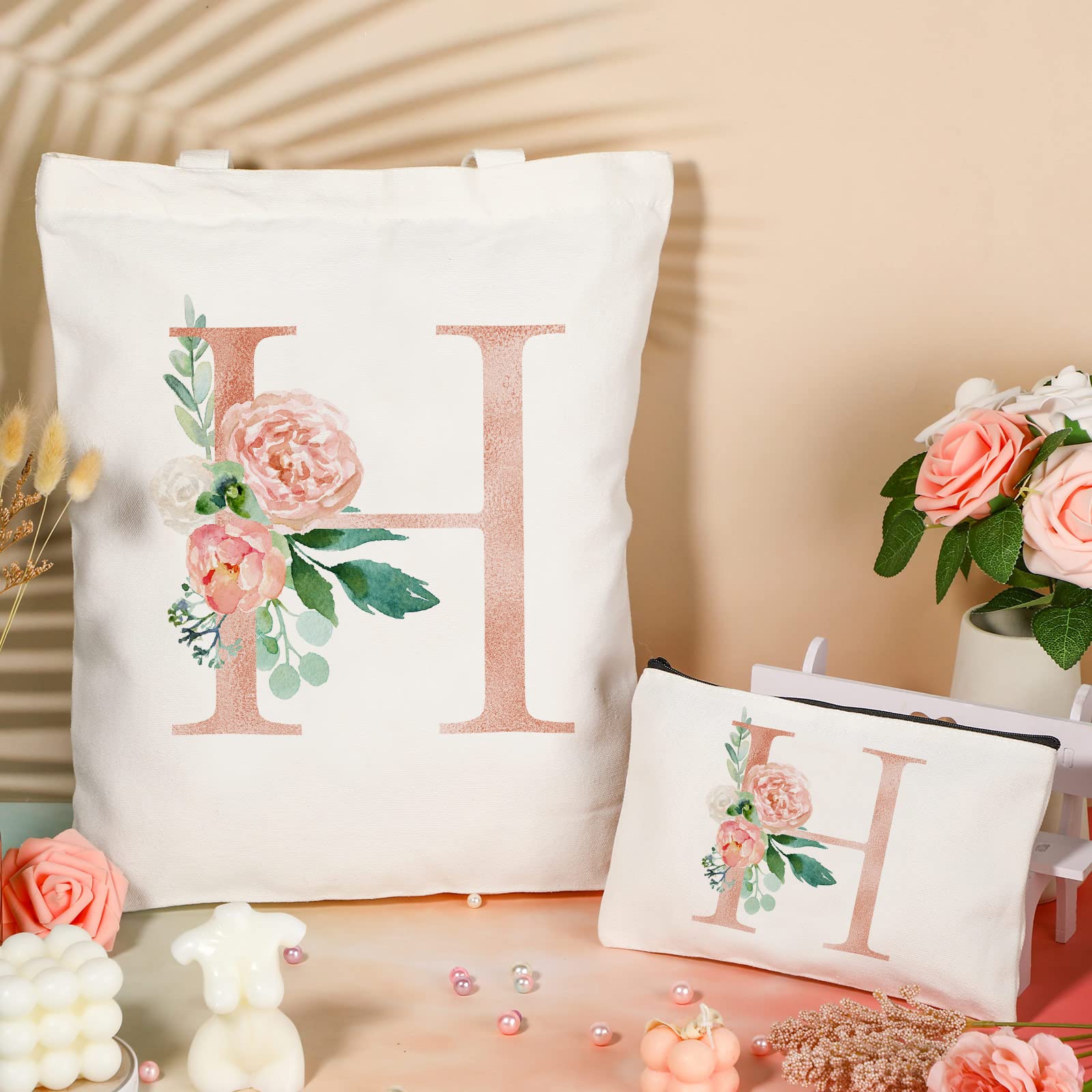 2 Pcs Personalized Floral Monogram Canvas Tote Bags - Women's Initial Cosmetic & Travel Bags for Wedding, Bridal Shower & Beach Day Essentials