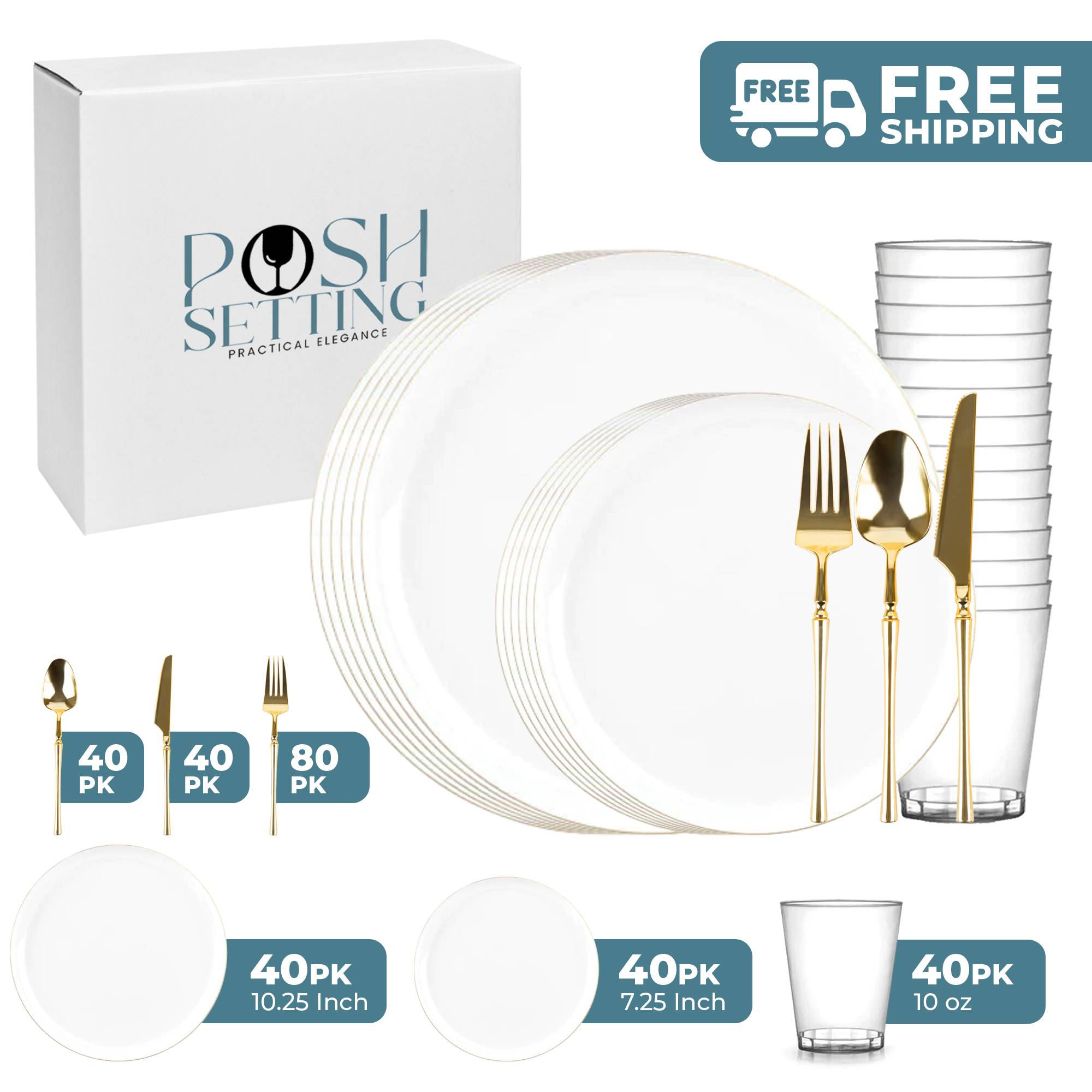 Luxury White and Gold Plastic Party Tableware Set - Elegant Disposable Plates, Cups, Forks & Napkins for Weddings, Birthdays, Events