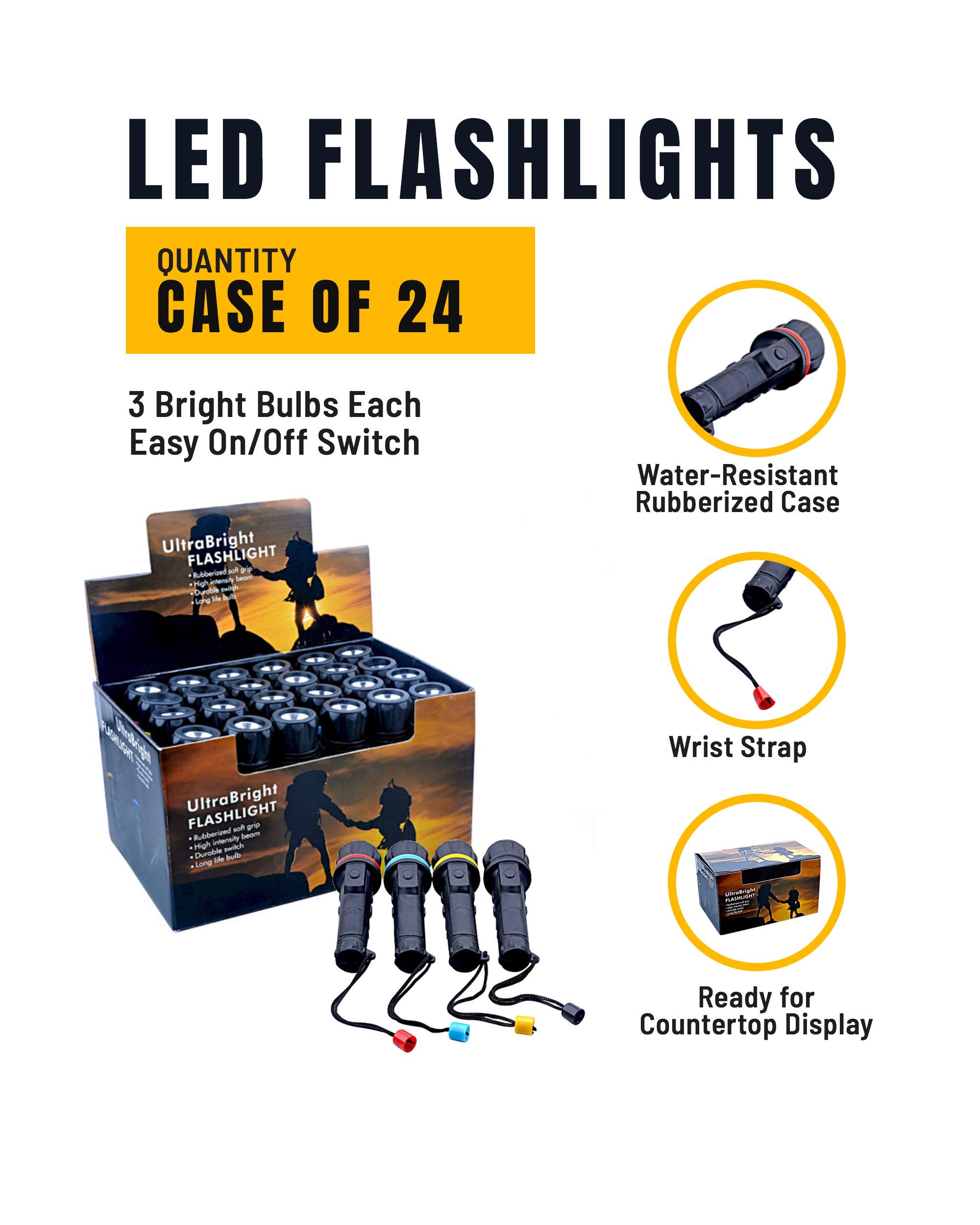 24-Pack LED Flashlights with 3 Bright Bulbs - Waterproof Rubberized Case & Wrist Strap - Easy On/Off Switch - Perfect for Camping, Emergencies & Home Use