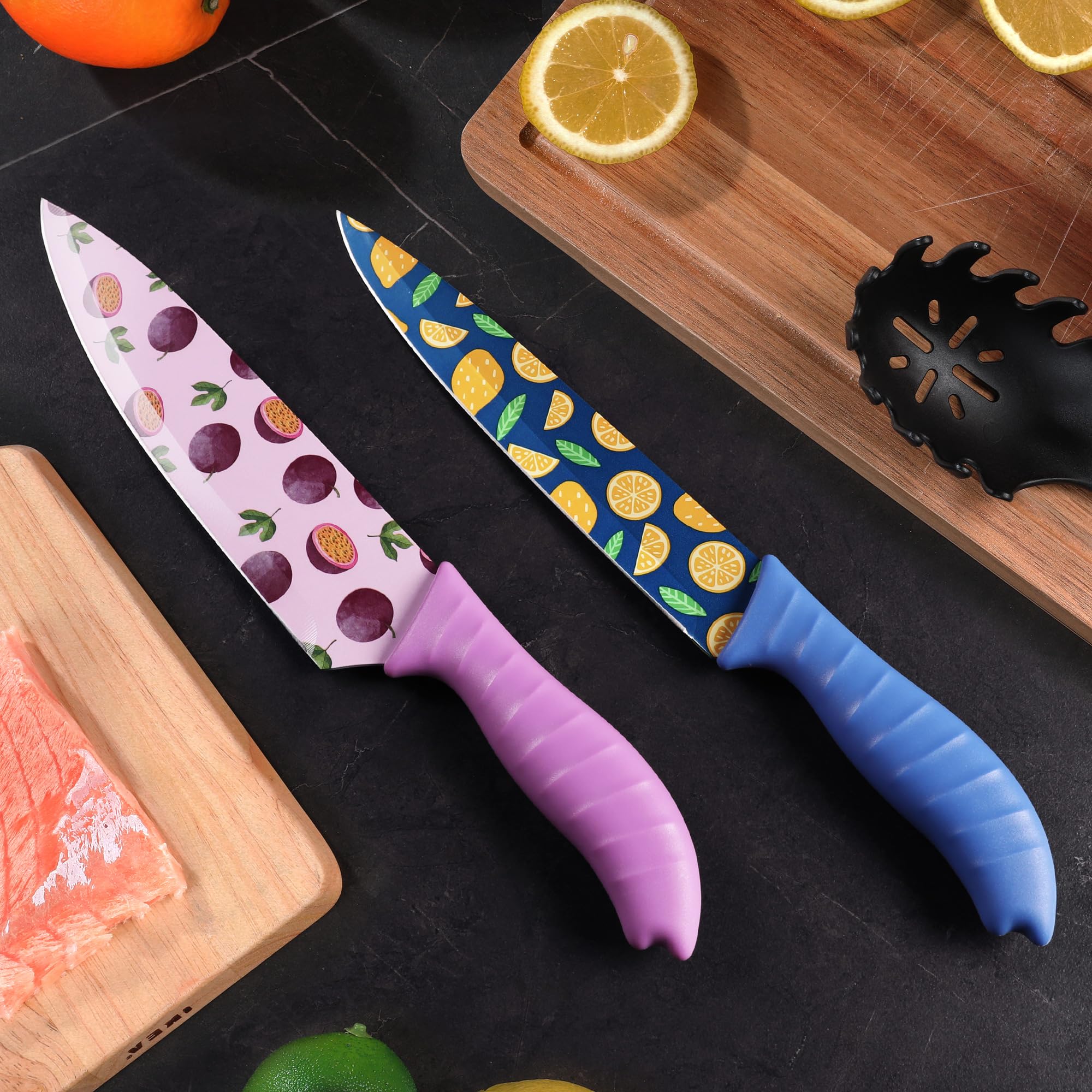HAUSHOF 12-Piece Colorful Kitchen Knife Set with 6 Sheaths - Non-Stick Coated Stainless Steel Fruit Pattern Blades for Slicing, Dicing & Cutting - Perfect Gift for Dad & Mom - Ideal for Home Cooking, Meal Prep & Fruit Carving