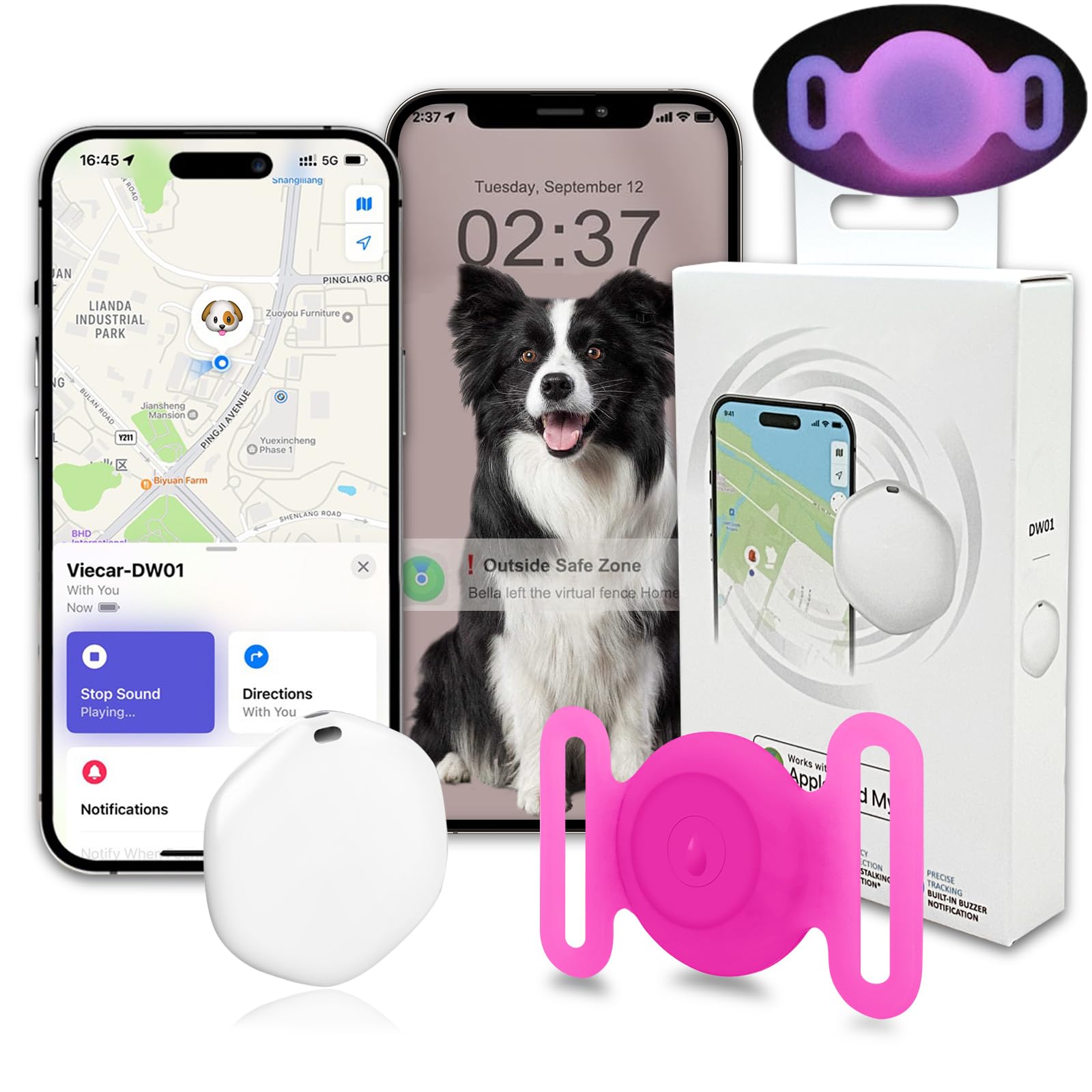 **Mini GPS Tracker for Dogs & Cats - IPX8 Waterproof Pet Locator with Holder, No Monthly Fee, Apple Find My Compatible (iOS) - Smart Pet Finder for Outdoor Adventures, Travel & Daily Safety (Glow-Pink)**