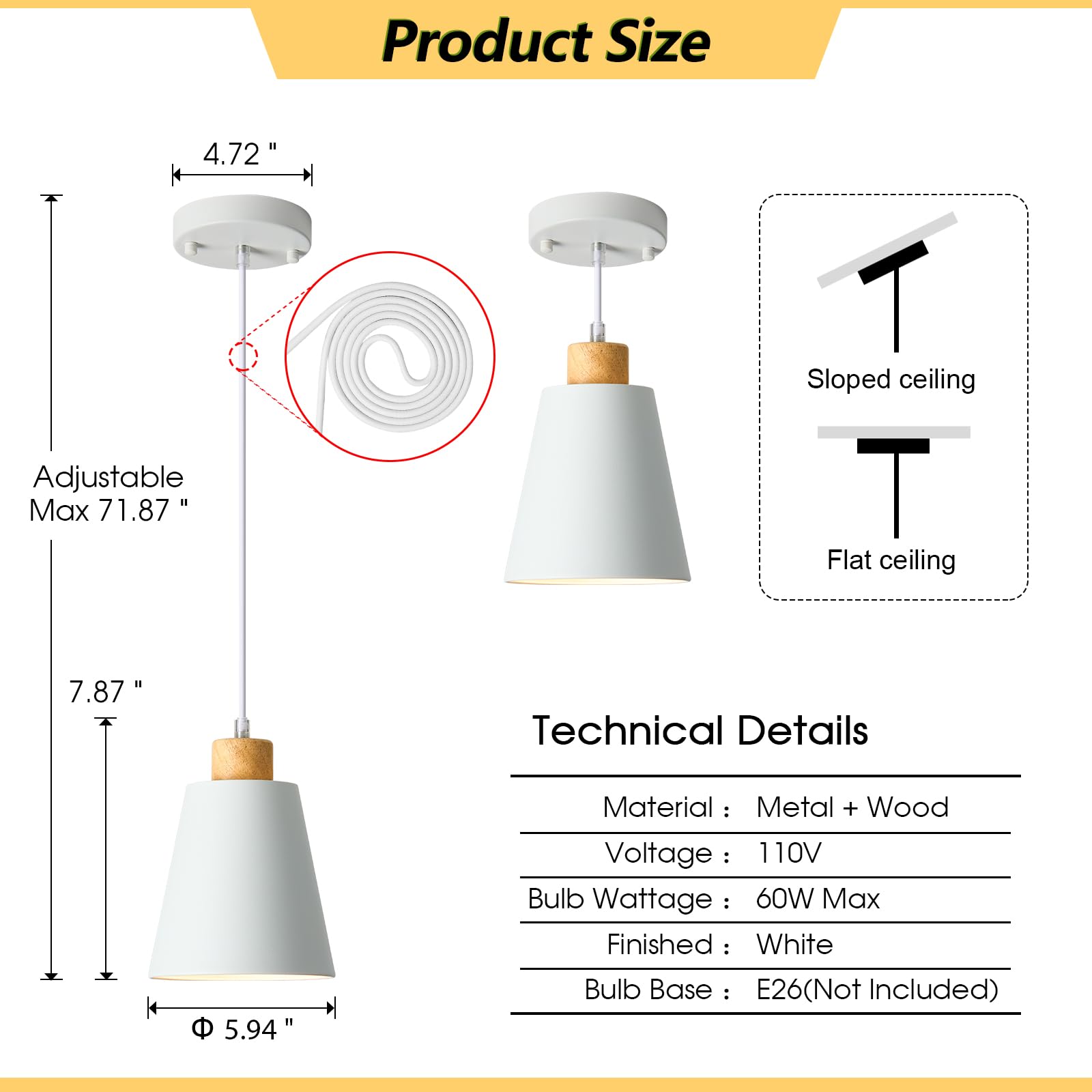 Modern White Wood Pendant Light - 5.94 Inch Adjustable Hanging Light Fixture for Kitchen Island, Dining Room, Bar & Bedroom | Mini Contemporary Ceiling Lighting for Home Decor, Restaurants and Cafes