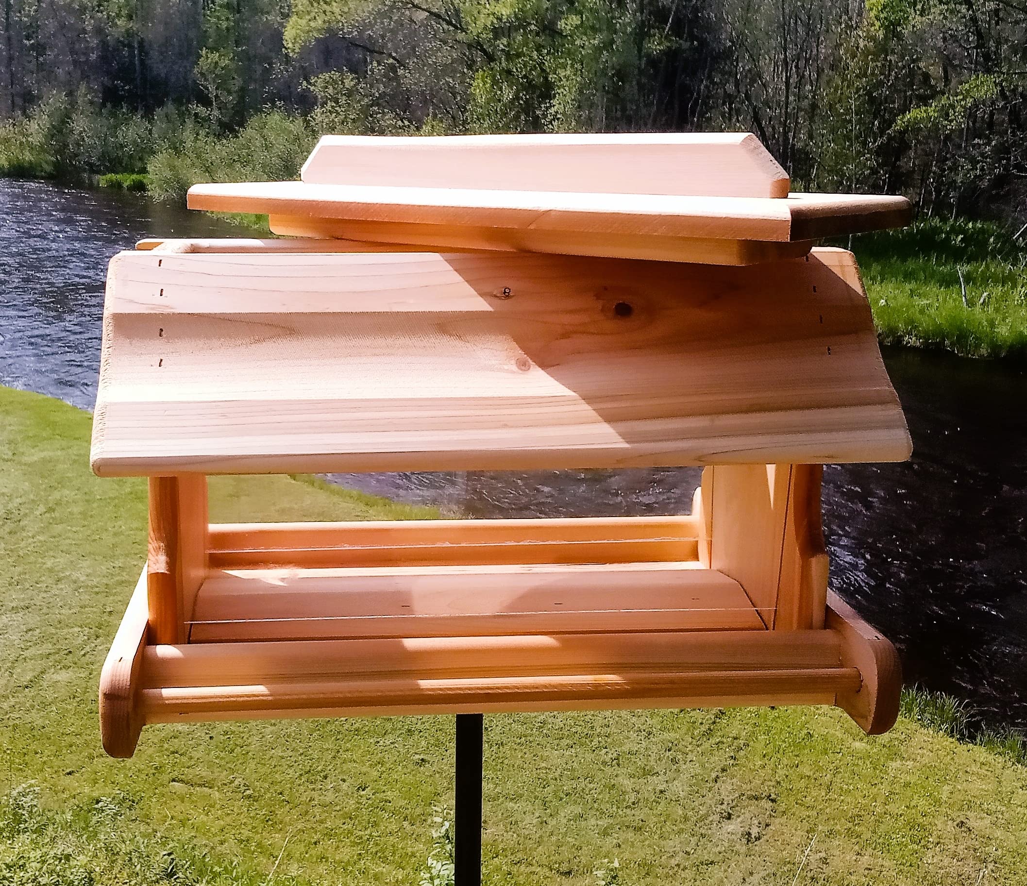 20 Inch Cedar Wood Post Mount Bird Feeder - Durable Outdoor Bird Feeder for Garden, Yard & Backyard - Attracts Cardinals, Finches & Wild Birds