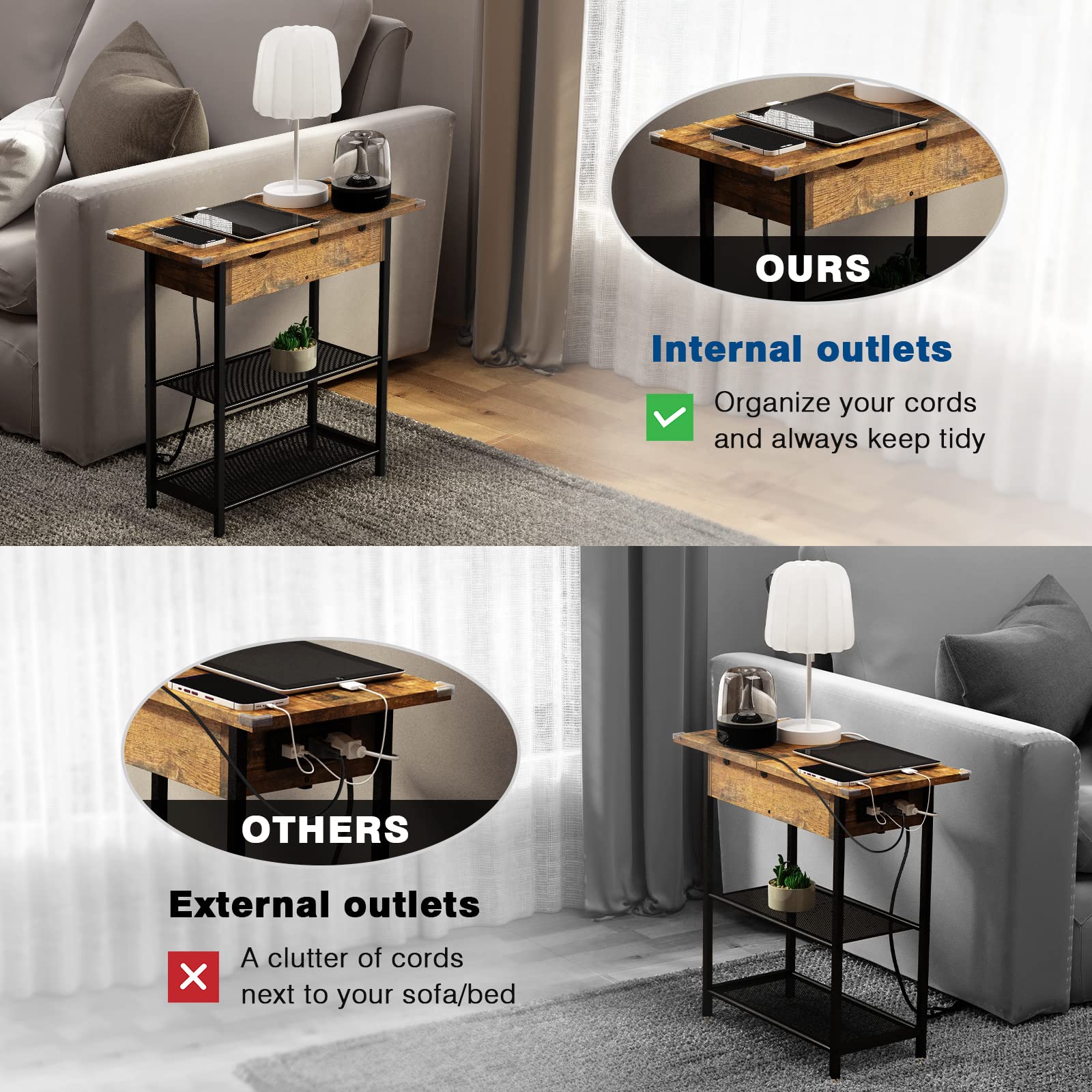 SAUCE ZHAN Narrow End Table with USB Ports & Outlets, Small Space Sofa Side Table with Storage Shelf - Charging Station Nightstand for Bedroom, Living Room, Office - Brown Wood Finish | Perfect for Compact Spaces, Phone Charging & Bedside Storage