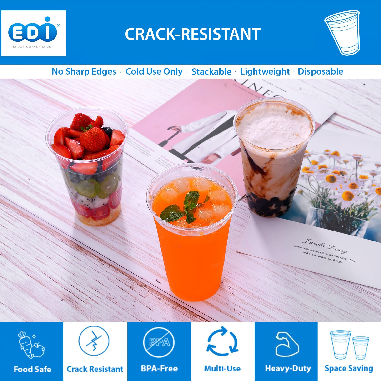 24 oz. Crystal Clear Disposable PET Plastic Cups with Flat Lids and Straws - 100 Sets Bulk Pack for Parties, Events, and Home Use