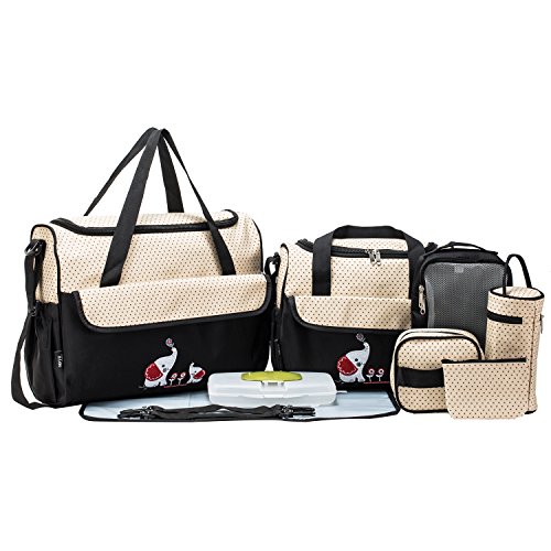 SoHo Animals Diaper Tote Bag 10-Piece Set - Elephant Print Black Diaper Bag for Moms, Baby Essentials Organizer | Perfect for Travel, Daycare & On-the-Go Parenting