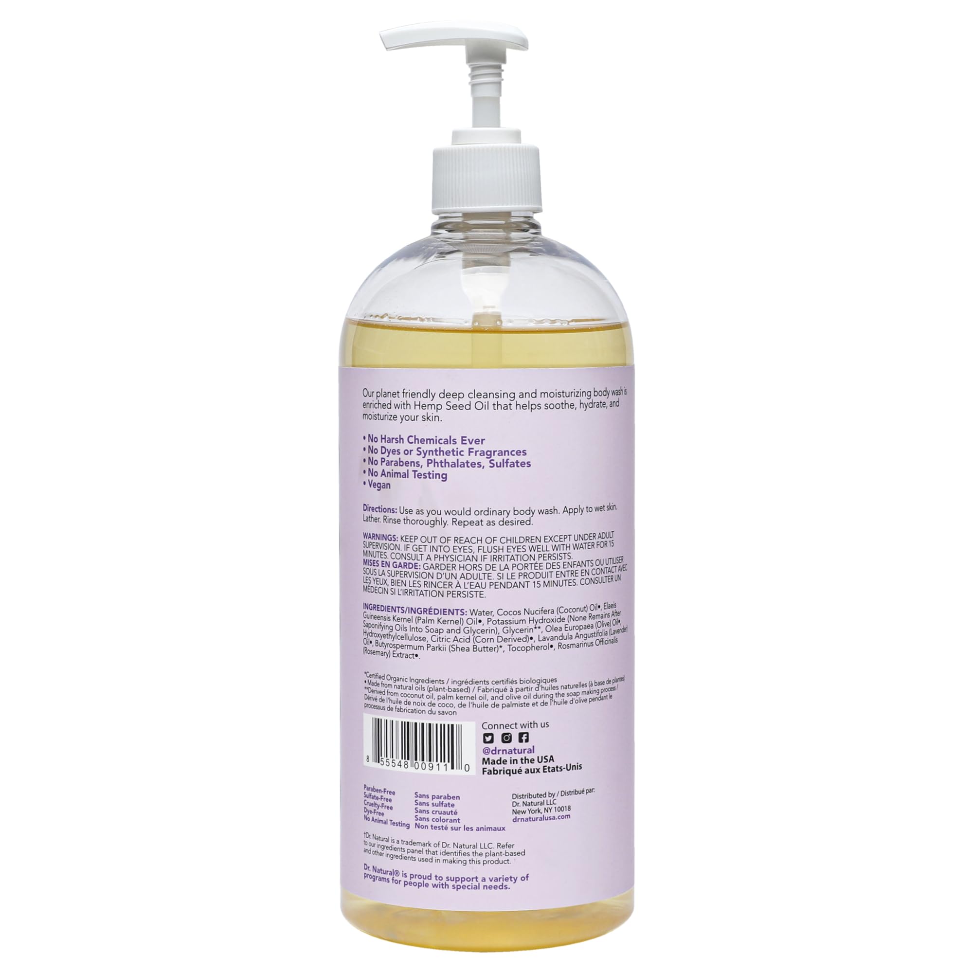 Dr. Natural Calming Lavender Oil Body Wash for Dry Skin - Moisturizing Shea Butter & Coconut Oil Body Wash - Hypoallergenic for Sensitive Skin, Family & Pets - 32 oz - Relaxing Aromatherapy for Bath & Shower Time