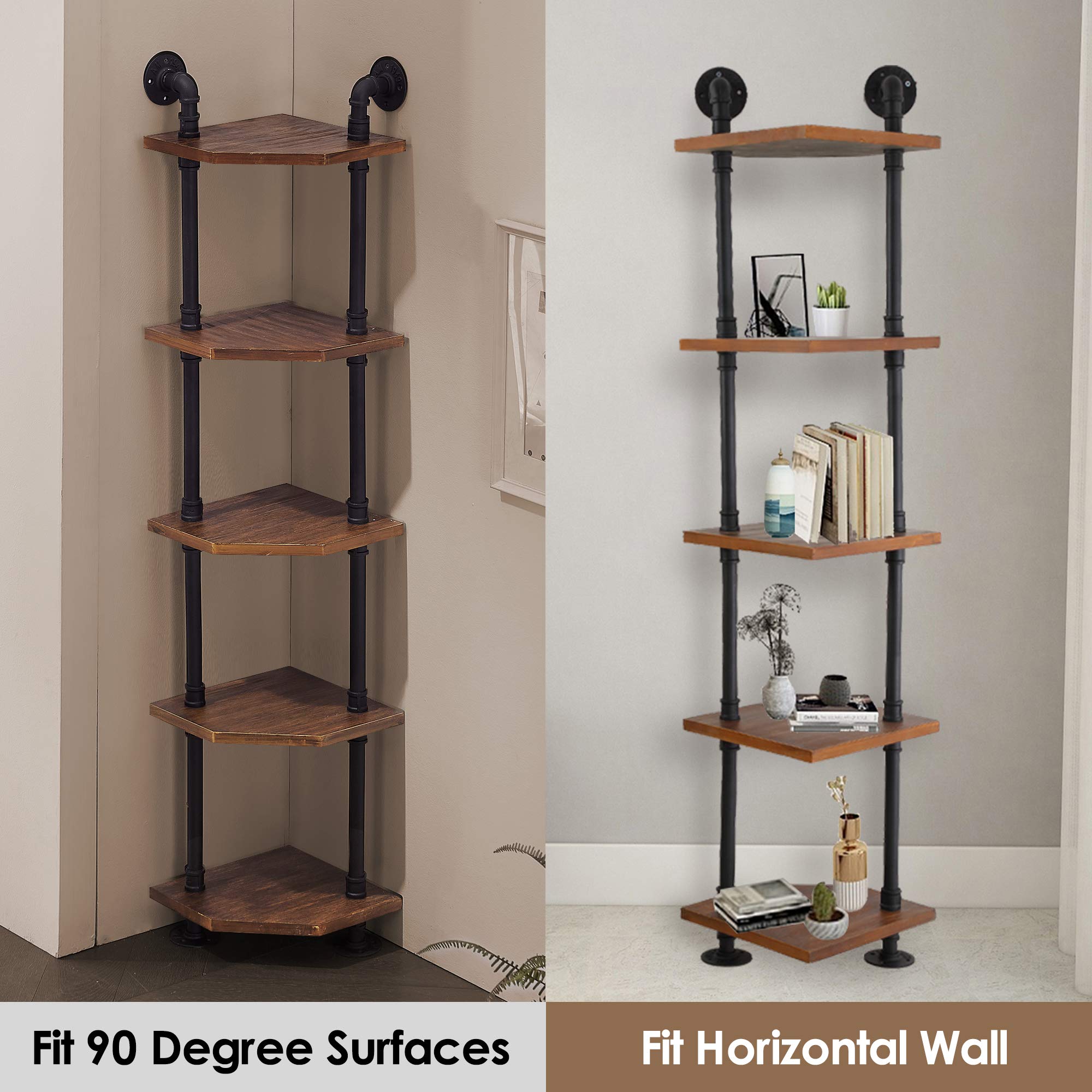 **ivinta Industrial Bookcase Corner Shelf - 5-Tier Wall Mounted Pipe Bookshelf, Solid Wood Shelves & Metal Display Stand for Living Room, Office, or Bedroom Storage**