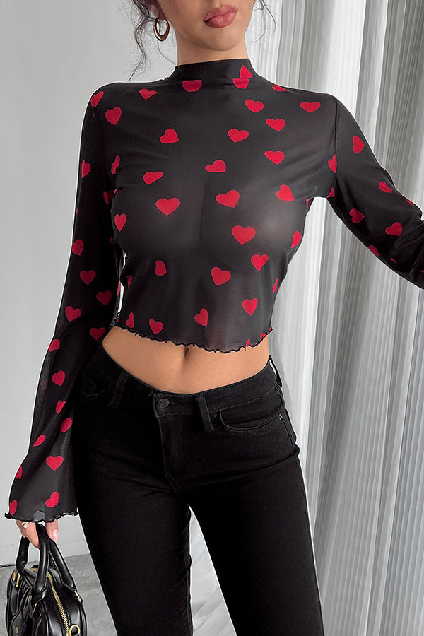 Stylish Printed Mesh Trumpet Sleeve Slim Fit Blouse for Women | Fashionable Party & Evening Wear