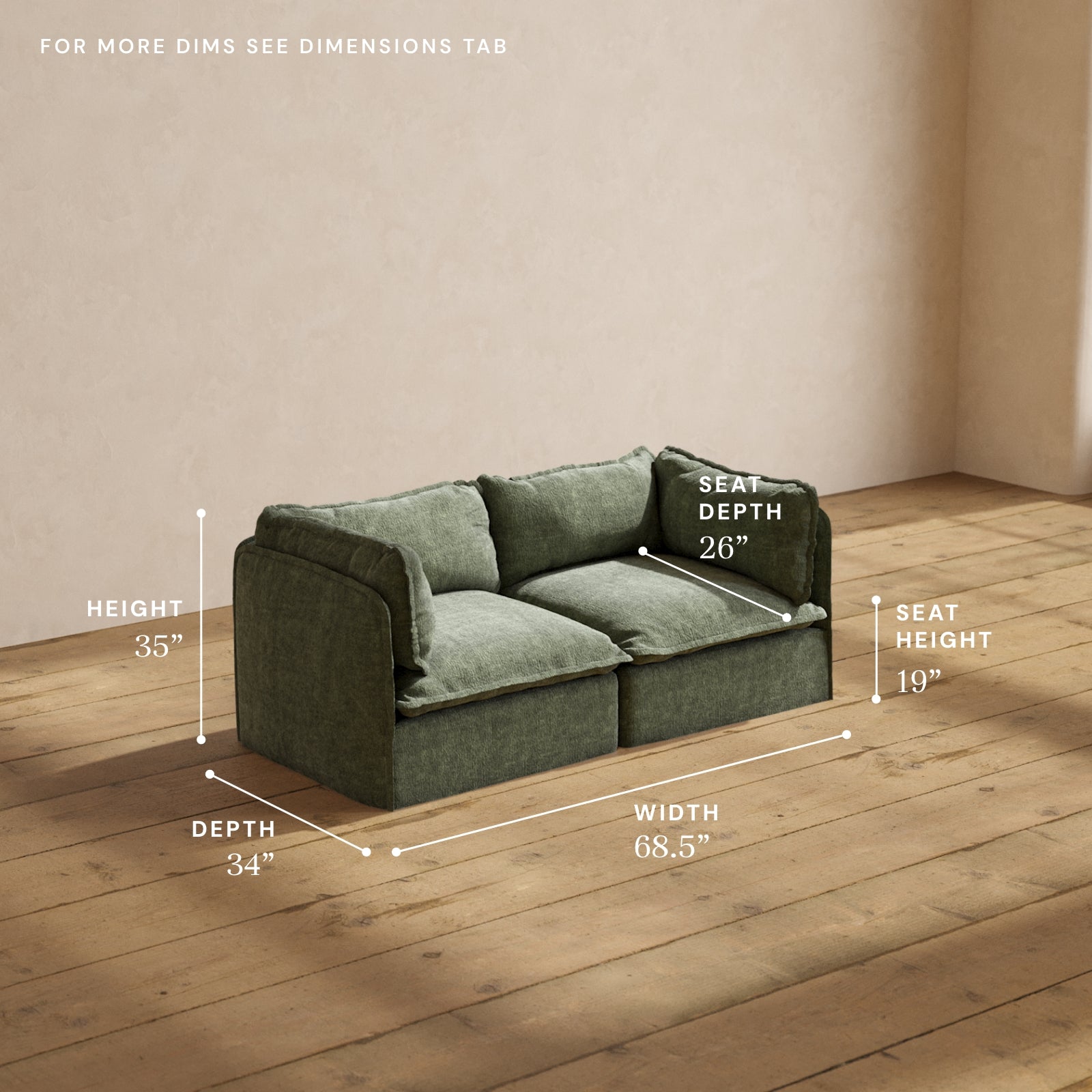 Modular Performance 2 Seater Sofa in Willow Fabric | Relaxed Blend Contemporary Sectional for Living Room, Lounge & Family Room Comfort