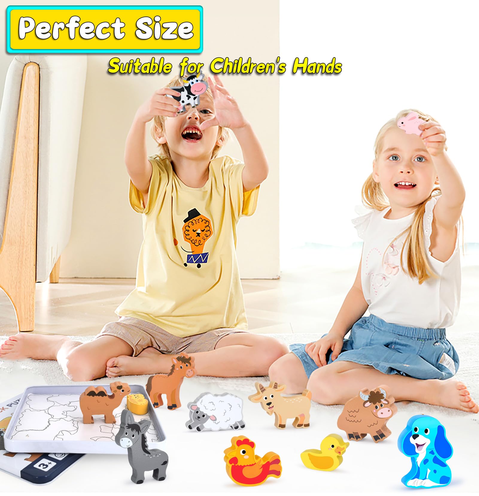 Wooden Animal Puzzles for Toddlers - 12 Pcs Farm Animal Figures, Montessori Matching & Stacking Learning Toys for Boys & Girls Ages 1-3 | Educational Gift for Kids | Perfect for Preschool Classroom, Birthday Party Favors & Early Childhood Development