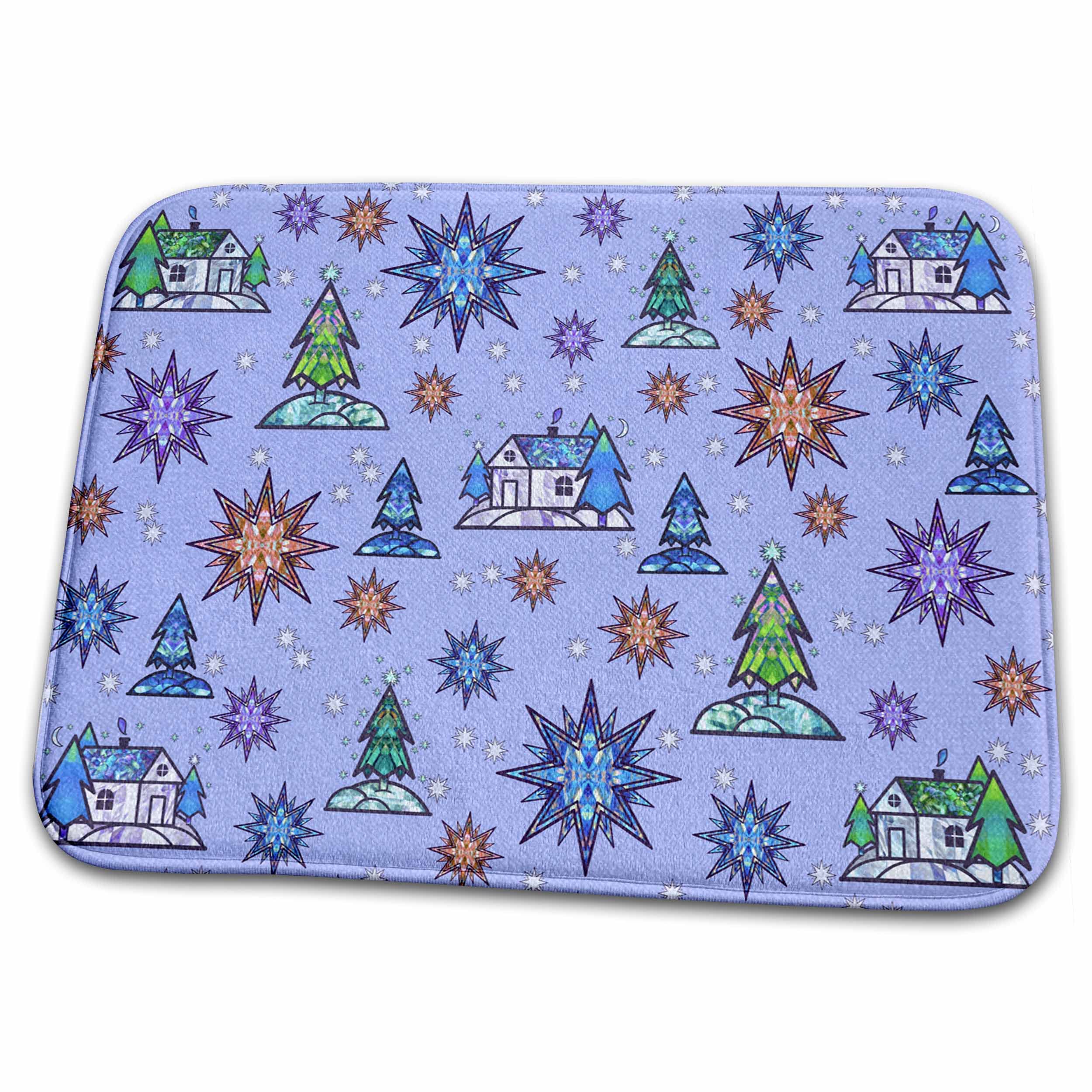 3D Printed Blue Faux Stained Glass House Design Dish Drying Mat - Non-Slip Kitchen Countertop Decor for Dishes, Utensils & Cookware - Perfect for Modern Kitchens, Dish Racks & Countertop Protection