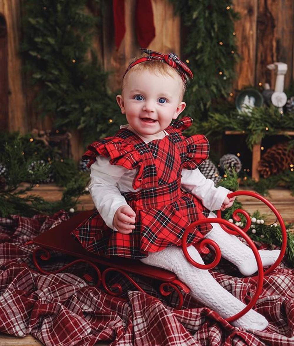 Baby Girl Christmas Outfits - Red Plaid Romper Bodysuit with Tutu Dress & Headband | Princess Holiday Skirt Clothes Set | Perfect for Xmas Photos, Parties & Family Gatherings