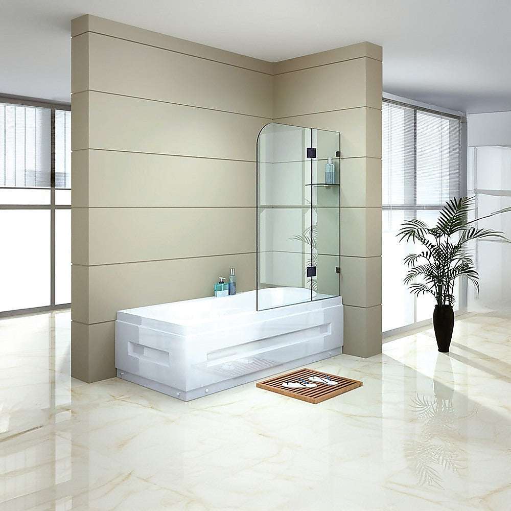 Frameless Glass Bath Screen 100cm - Brass Brackets in Gunmetal Finish for Modern Bathroom Shower Enclosure